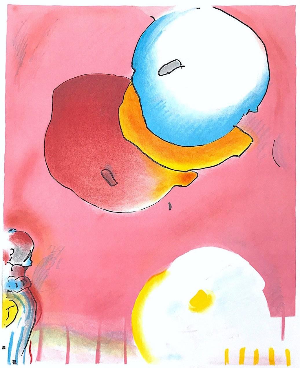 TWO FLOATING Signierte Lithographie, Abstrakte Luftballons, Pop Art, Rot Rosa Gelb Blau (Pop-Art), Print, von Peter Max