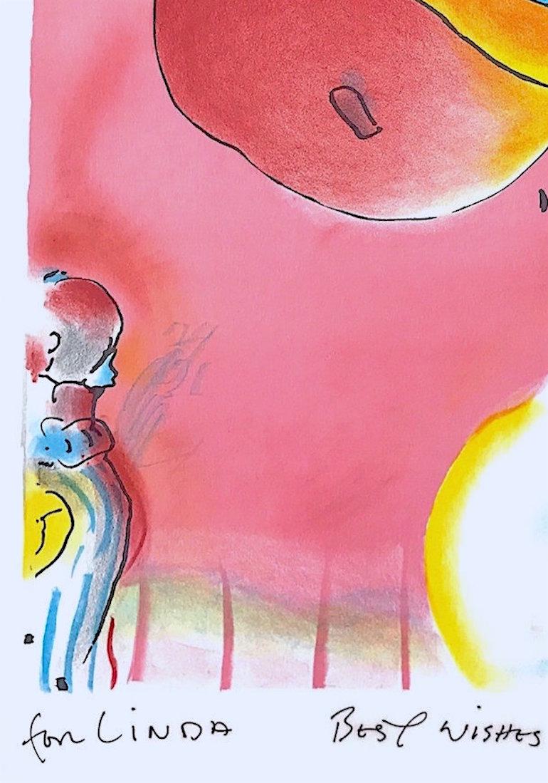 TWO FLOATING Signierte Lithographie, Abstrakte Luftballons, Pop Art, Rot Rosa Gelb Blau (Pink), Interior Print, von Peter Max