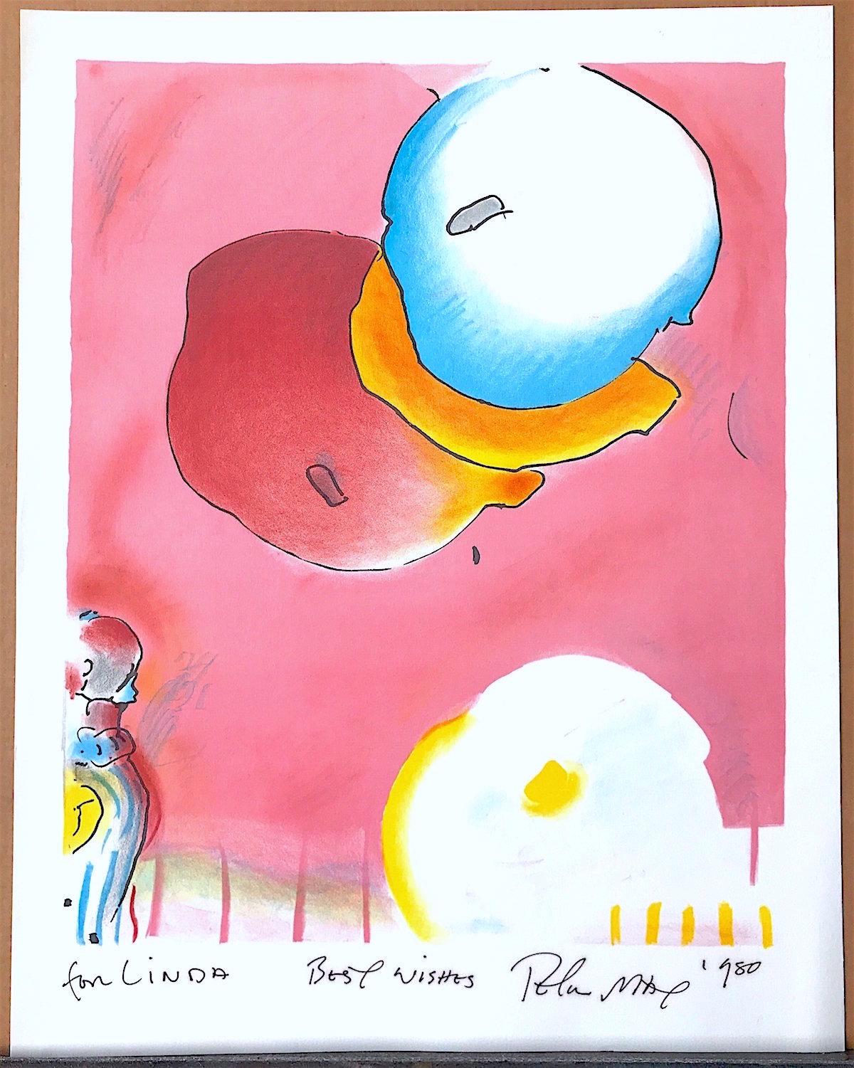 TWO FLOATING Signierte Lithographie, Abstrakte Luftballons, Pop Art, Rot Rosa Gelb Blau im Angebot 1