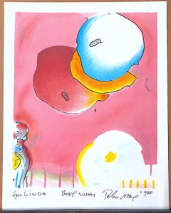 TWO FLOATING Signed Lithograph, Abstract Balloons, Pop Art, Red Pink Yellow Blue