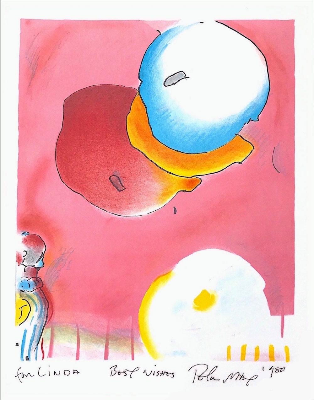 Peter Max Interior Print – TWO FLOATING Signierte Lithographie, Abstrakte Luftballons, Pop Art, Rot Rosa Gelb Blau