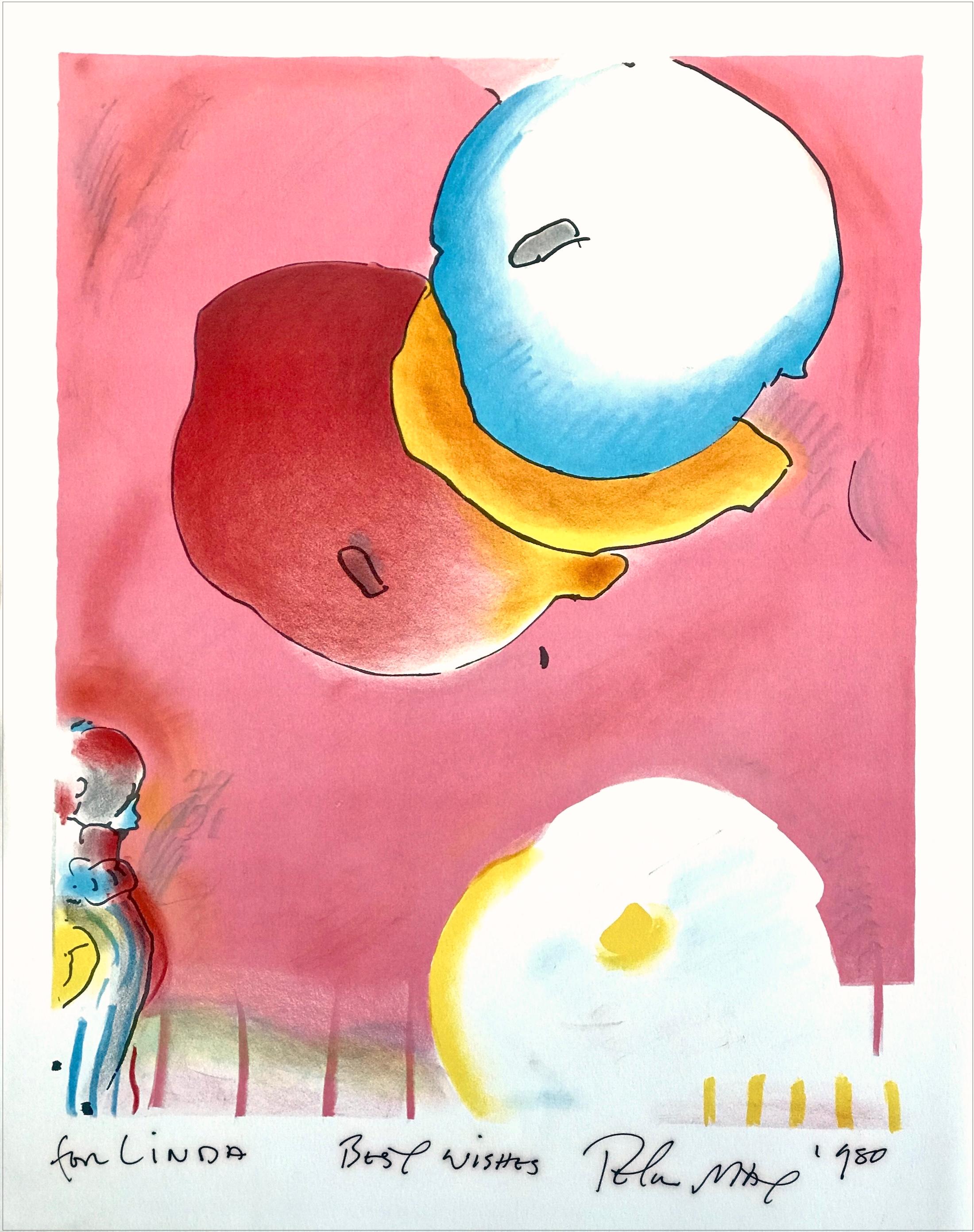 Lithographie signée TWO FLOAting, ballons abstraits, Pop Art, rouge, rose, jaune et bleu
