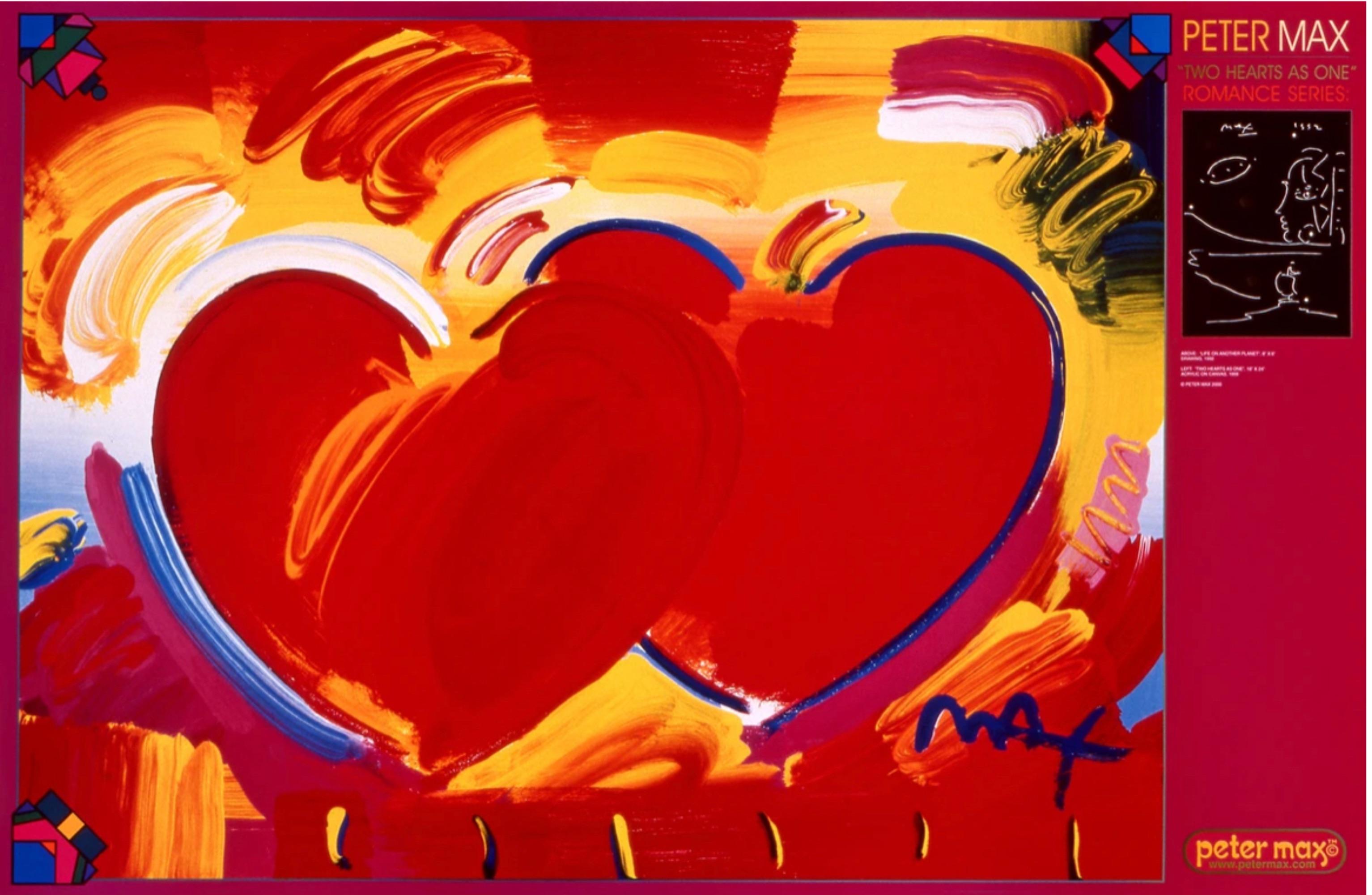 Artist: Peter Max (1937)
Title: Two Hearts As One
Year: 2000
Medium: Offset lithograph on premium paper
Size: 24 x 36 inches
Condition: Excellent
Inscription: Signed by the artist.
Notes: Published by Via Max. Sold signed by the artist and dedicated