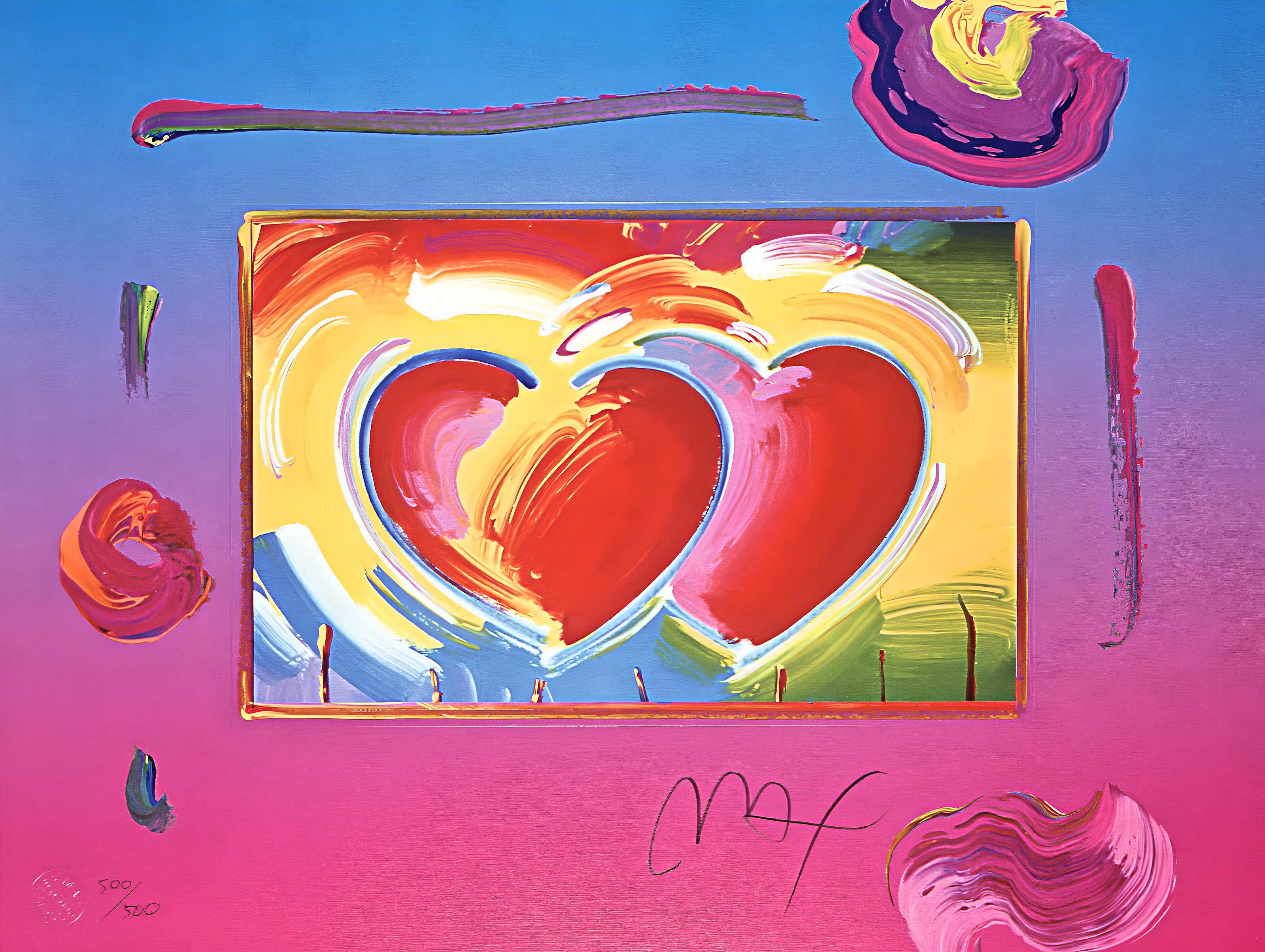 Artist: Peter Max (1937)
Title: Two Hearts on Blends
Year: 2005
Edition: 500/500, plus proofs
Medium: Lithograph on Lustro Saxony paper
Size: 13 x 17 inches
Condition: Excellent
Inscription: Signed and numbered by the artist
Notes: Published by Via
