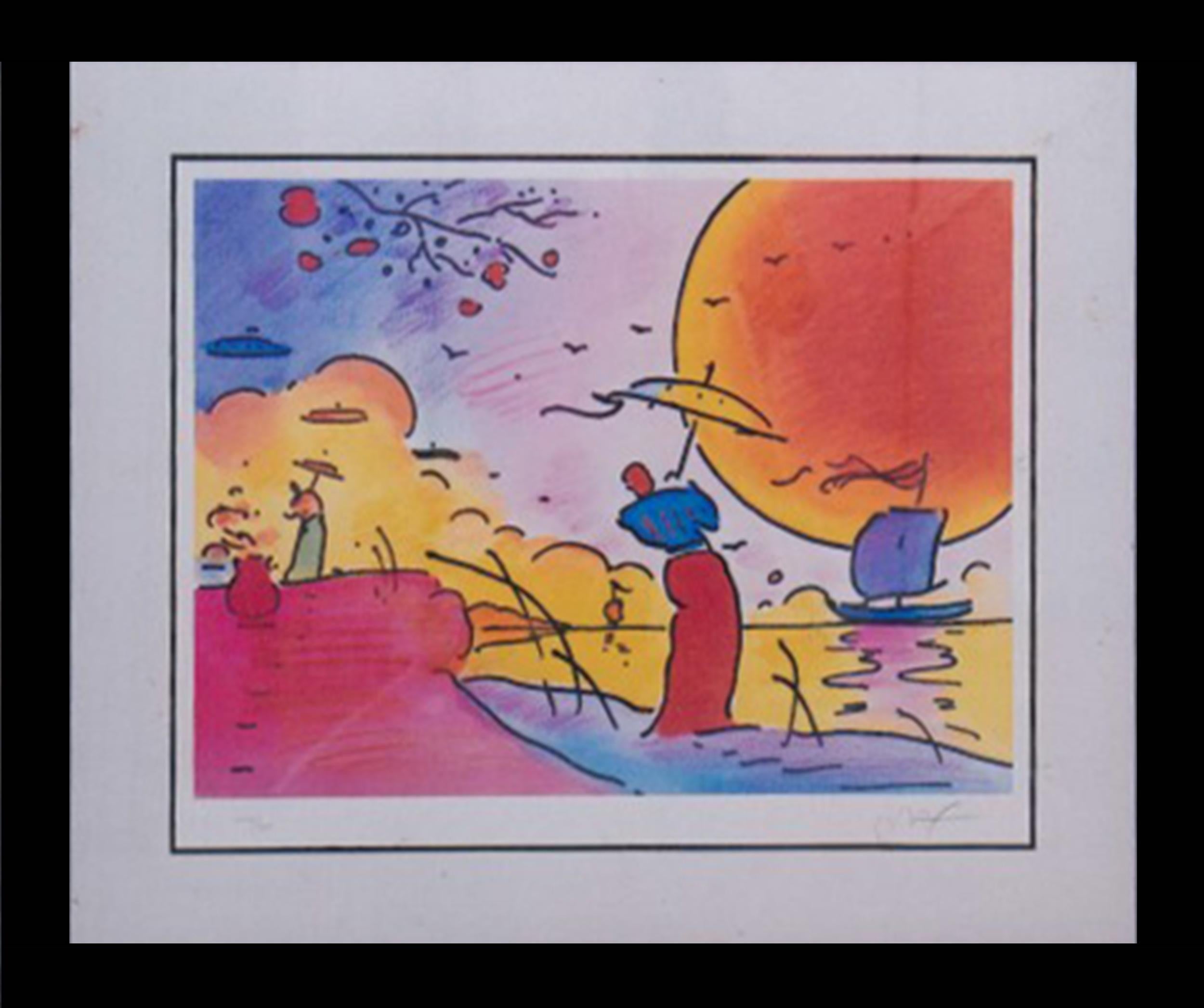 Peter Max est un artiste pop psychédélique qui a utilisé des couleurs vives et des formes enfantines pour créer des images fantaisistes et d'un autre monde. Cette lithographie, signée et numérotée au crayon, représente un bord de mer venteux avec un