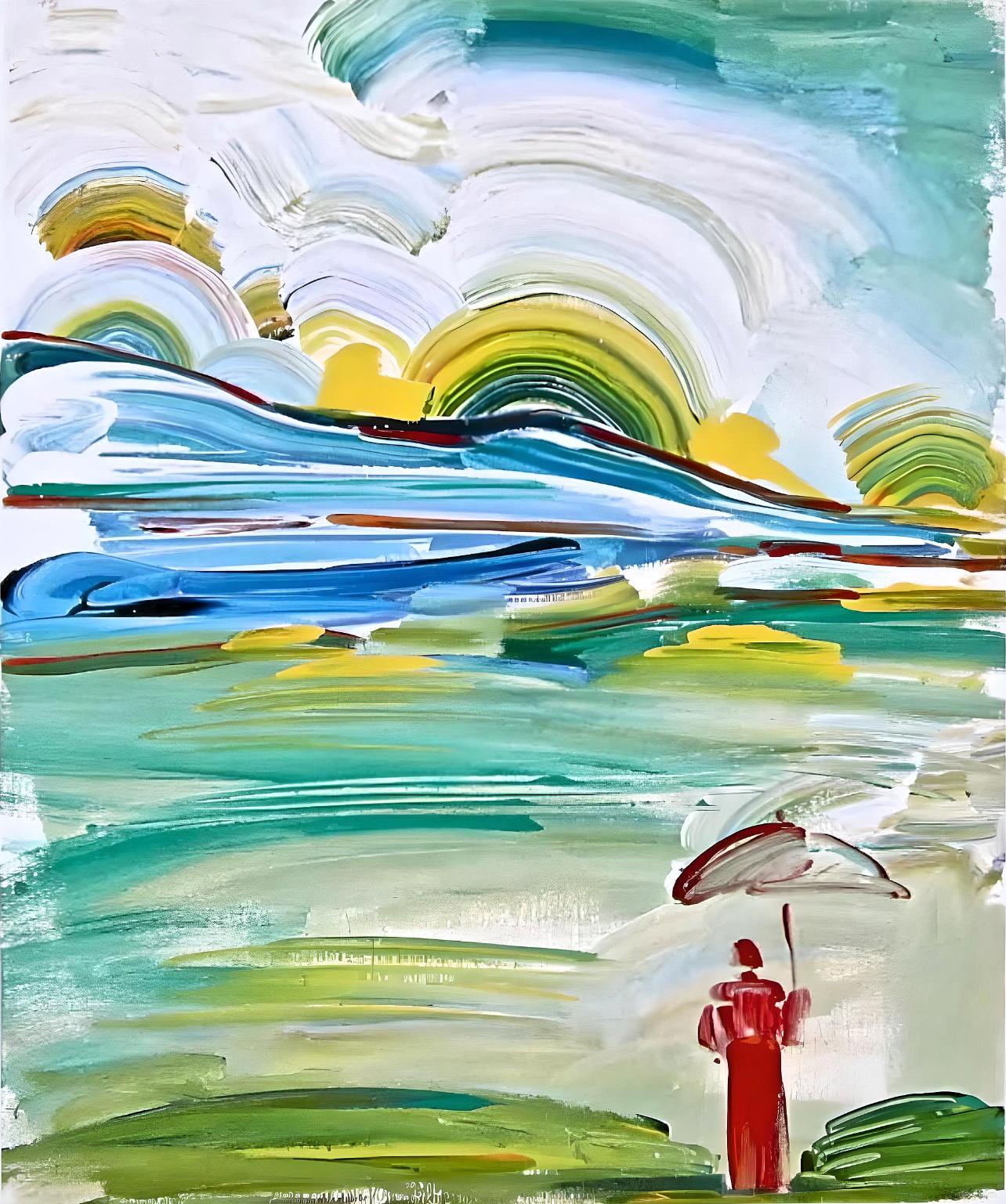 Artist: Peter Max (1937)
Title: Umbrella Man at Sunrise
Year: 2001
Edition: 105/500, plus proofs
Medium: Lithograph on Lustro Saxony paper
Size: 9 x 11 inches
Condition: Excellent
Inscription: Signed and numbered by the artist.
Notes: Published by