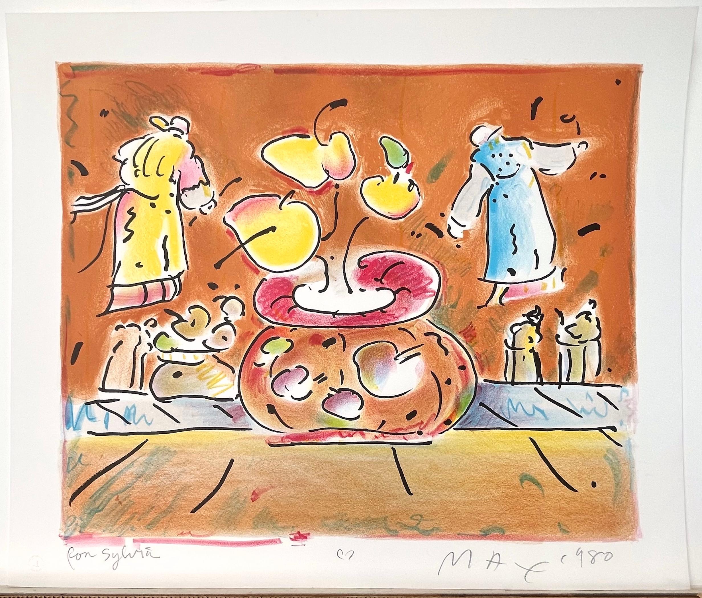 VASE IN ROOM II Signed Lithograph, Monks, Yogic Flying, Vase Flowers, Pop Art For Sale 1