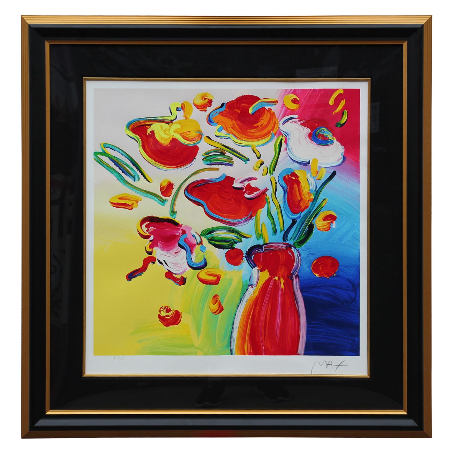 Peter Max Still-Life Print - Vase of Flowers Hand Colored Modern Abstract Lithograph