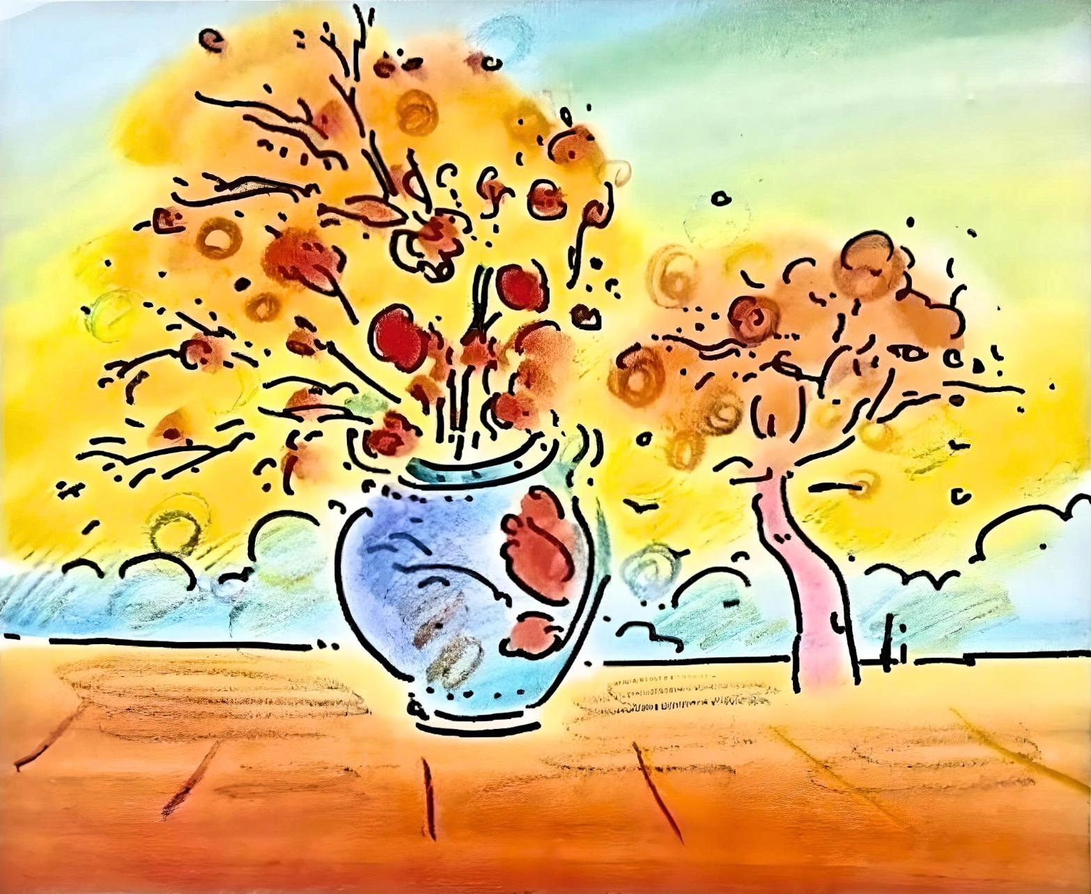 Artist: Peter Max (1937)
Title: Vase with Tree II
Year: 2000
Edition: 466/500, plus proofs
Medium: Lithograph on Lustro Saxony paper
Size: 7.5 x 8.25 inches
Condition: Excellent
Inscription: Signed and numbered by the artist.
Notes: Published by Via