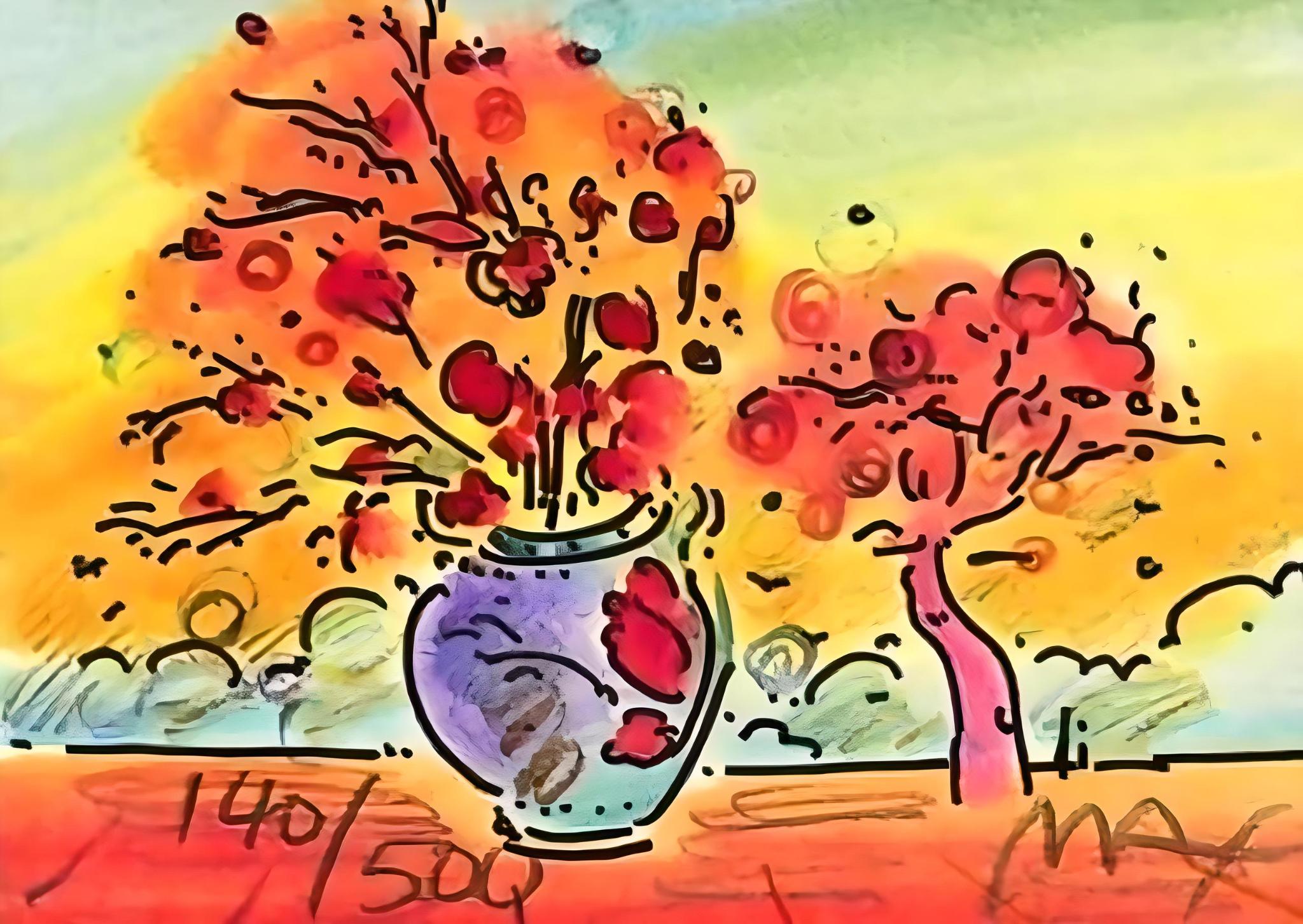 Artist: Peter Max (1937)
Title: Vase with Tree
Year: 2000
Edition: 140/500, plus proofs
Medium: Lithograph on Lustro Saxony paper
Size: 2 x 2.75 inches
Condition: Excellent
Inscription: Signed and numbered by the artist.
Notes: Published by Via