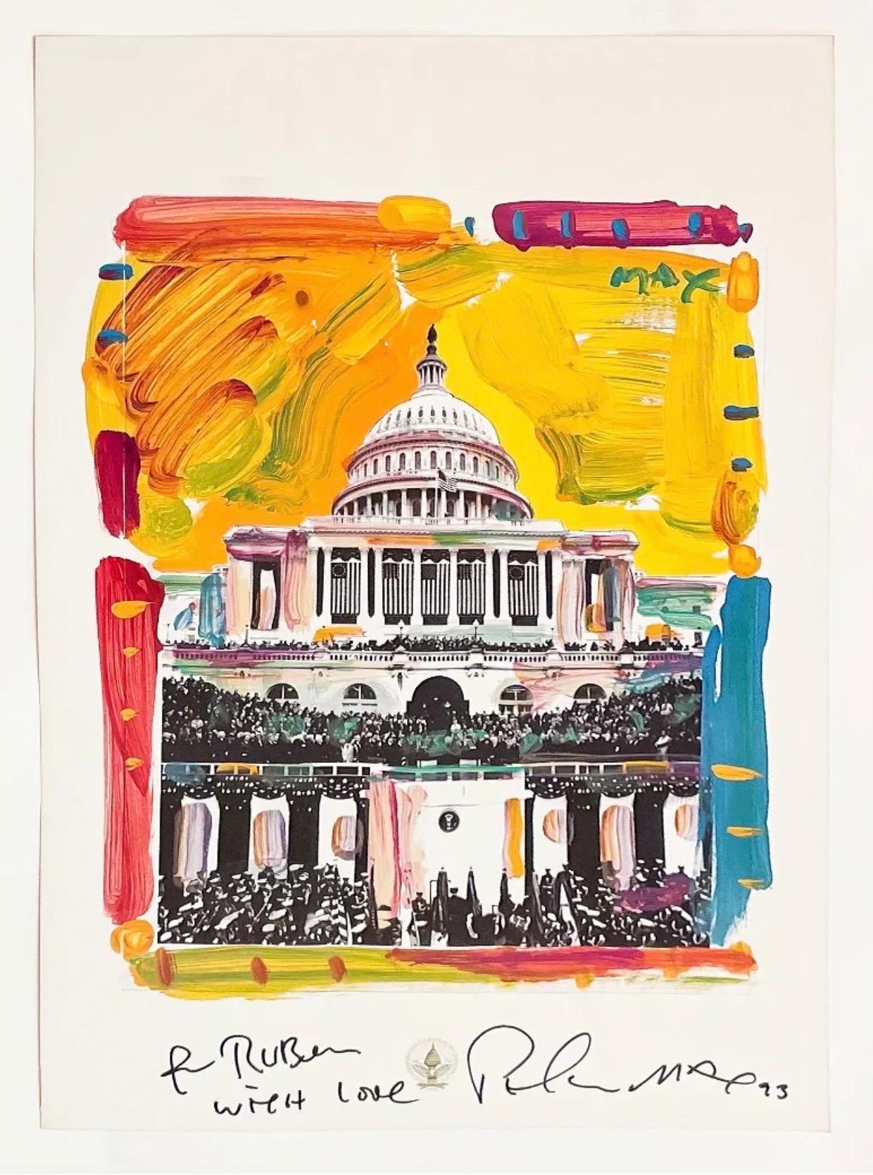 Vintage Poster Clinton Capitol Building Pop Art Hand Signed Peter Max Lithograph