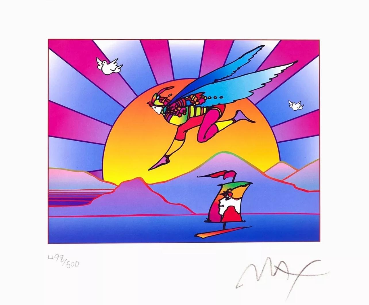 Artist: Peter Max (1937)
Title: Winged Flyer with Sunrise II
Year: 2001
Edition: 498/500, plus proofs
Medium: Lithograph on Lustro Saxony paper
Size: 9 x 11 inches
Condition: Excellent
Inscription: Signed and numbered by the artist.
Notes: Published