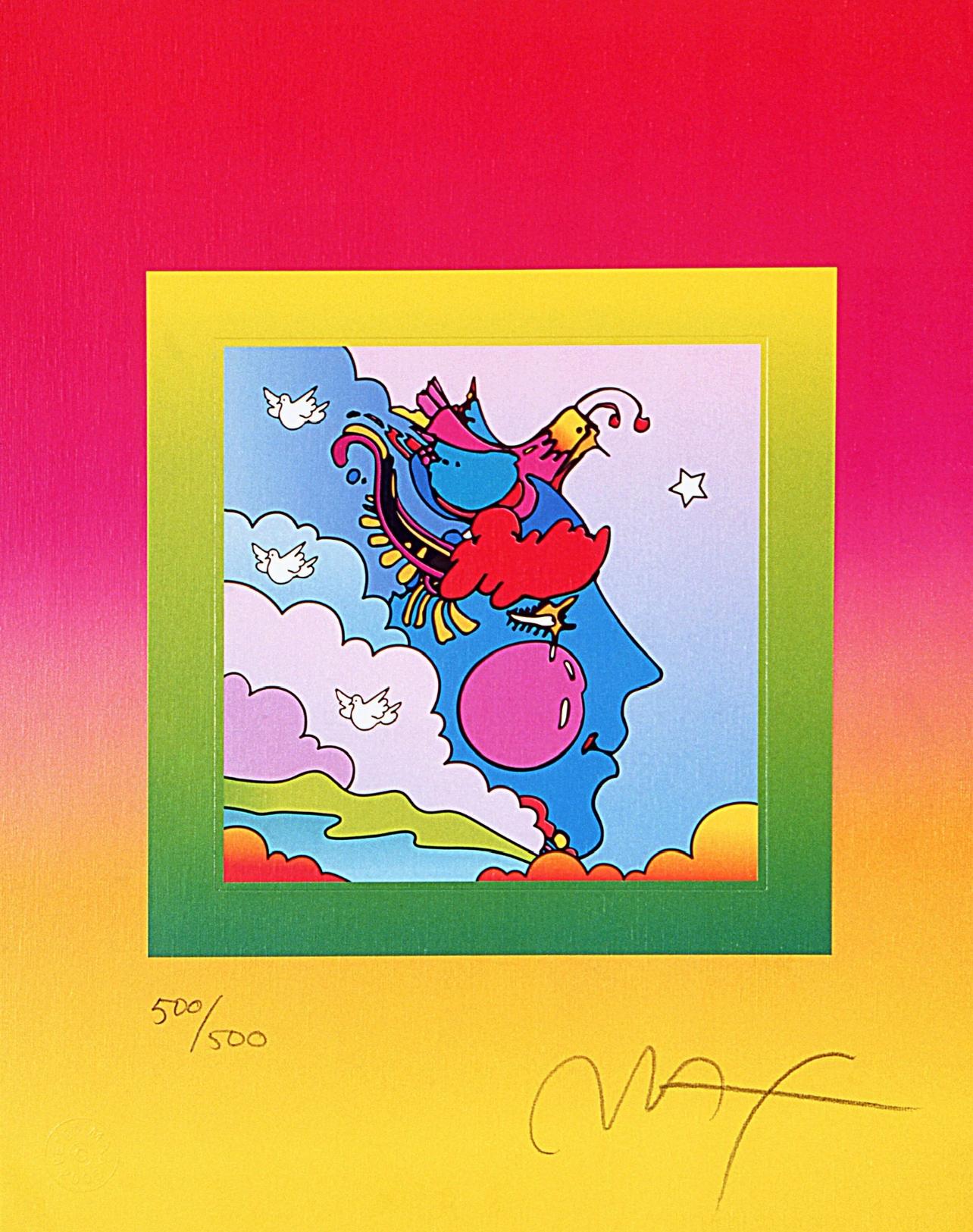 Artist: Peter Max (1937)
Title: Woodstock Profile on Blends
Year: 2006
Edition: 500/500, plus proofs
Medium: Lithograph on Lustro Saxony paper
Size: 12.75 x 10 inches
Condition: Excellent
Inscription: Signed and numbered by the artist
Notes: