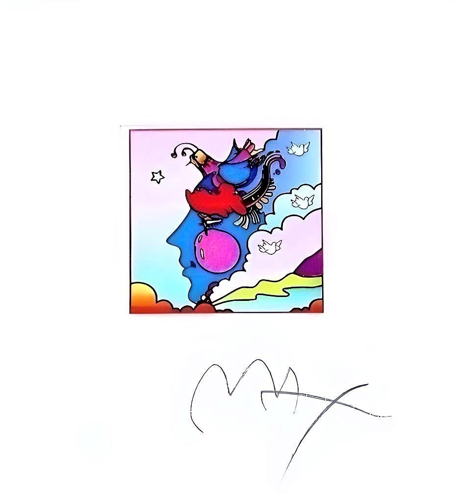 Artist: Peter Max (1937)
Title: Woodstock Profile
Year: 2002
Edition: 500/500, plus proofs
Medium: Lithograph on Lustro Saxony paper
Size: 4.87 x 4.5 inches
Condition: Excellent
Inscription: Signed and numbered by the artist.
Notes: Published by Via
