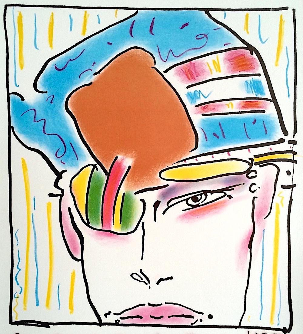 ZERO'S FRIEND Signierte Farblithographie, Kopfporträt, Mod-Hut, Pop Art – Print von Peter Max
