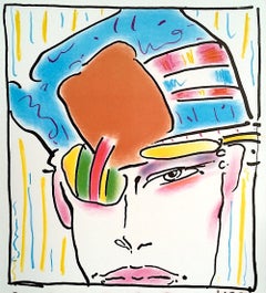 ZERO'S FRIEND Signed Lithograph, Black Line Drawing, Pop Art Portrait, Mod Hat