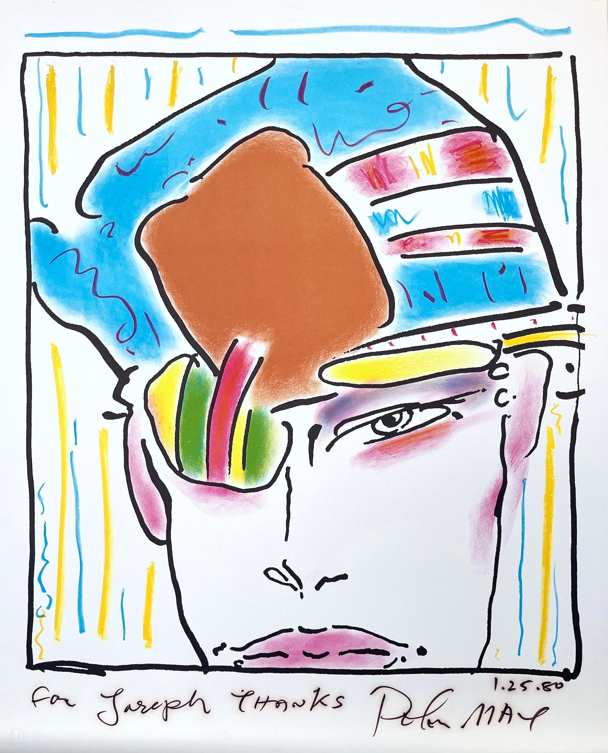 Peter Max Portrait Print – ZERO'S FRIEND Signierte Farblithographie, Kopfporträt, Mod-Hut, Pop Art