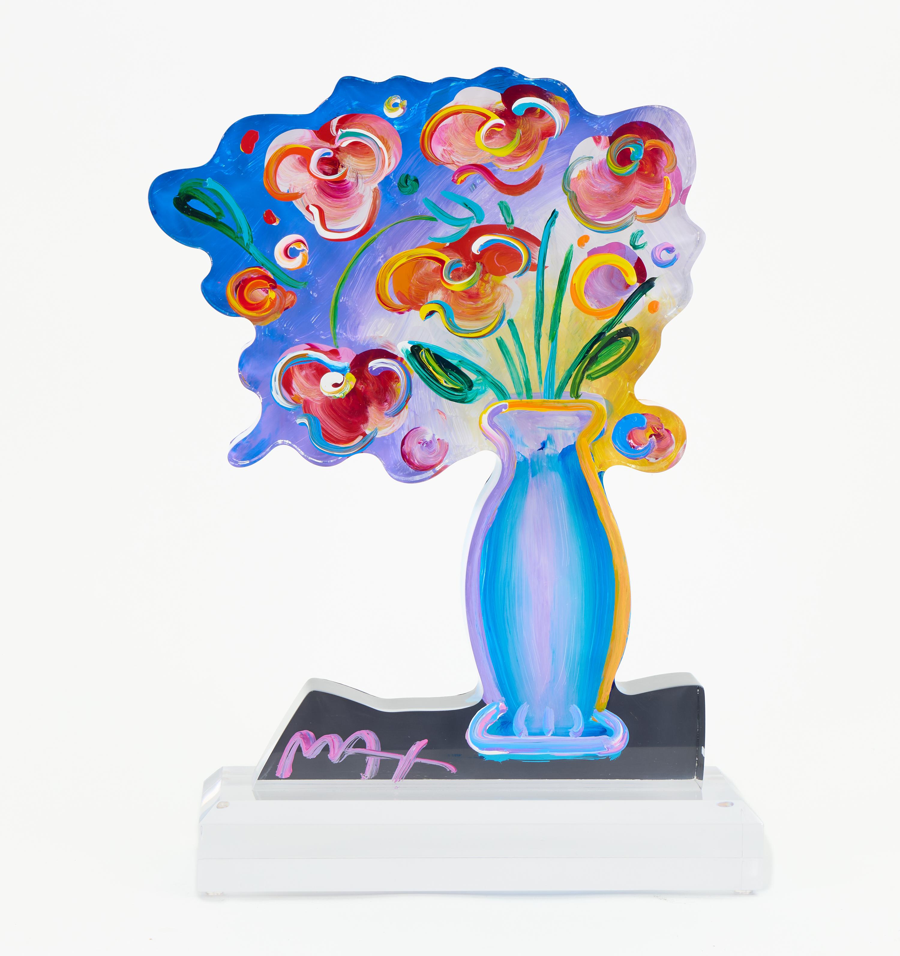 Jarrón de Peter Max con flores, escultura acrílica de 16”, firmada en 2016