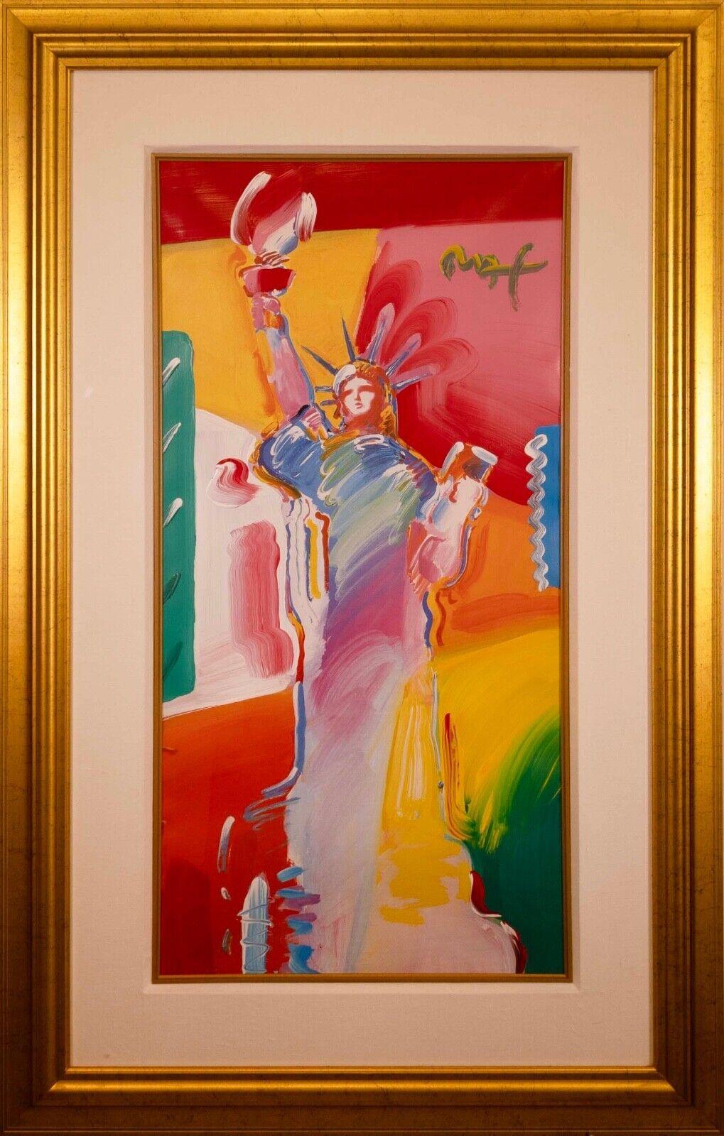 A monumental patriotic mixed-media lithography with acrylic painting on paper titled “State of Liberty” by famed artist Peter Max. Hand signed in acrylic by artist top right. Circa early 2000s. Honoring the country that Peter Max loves and