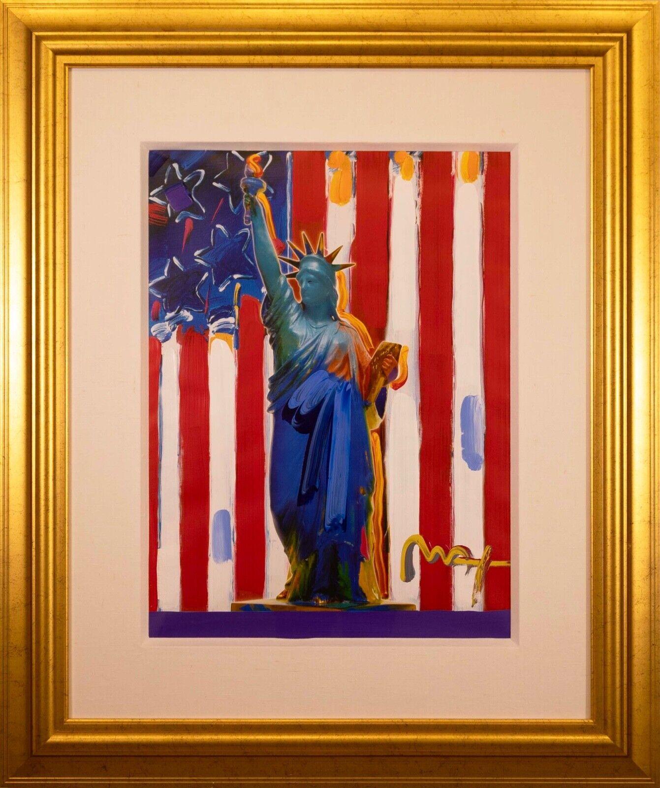 A powerful patriotic mixed-media lithography with acrylic painting on paper titled “United We Stand” by famed artist Peter Max. Hand signed in acrylic by artist top right. Created in 2001. This work varies from its counterparts. Though it still