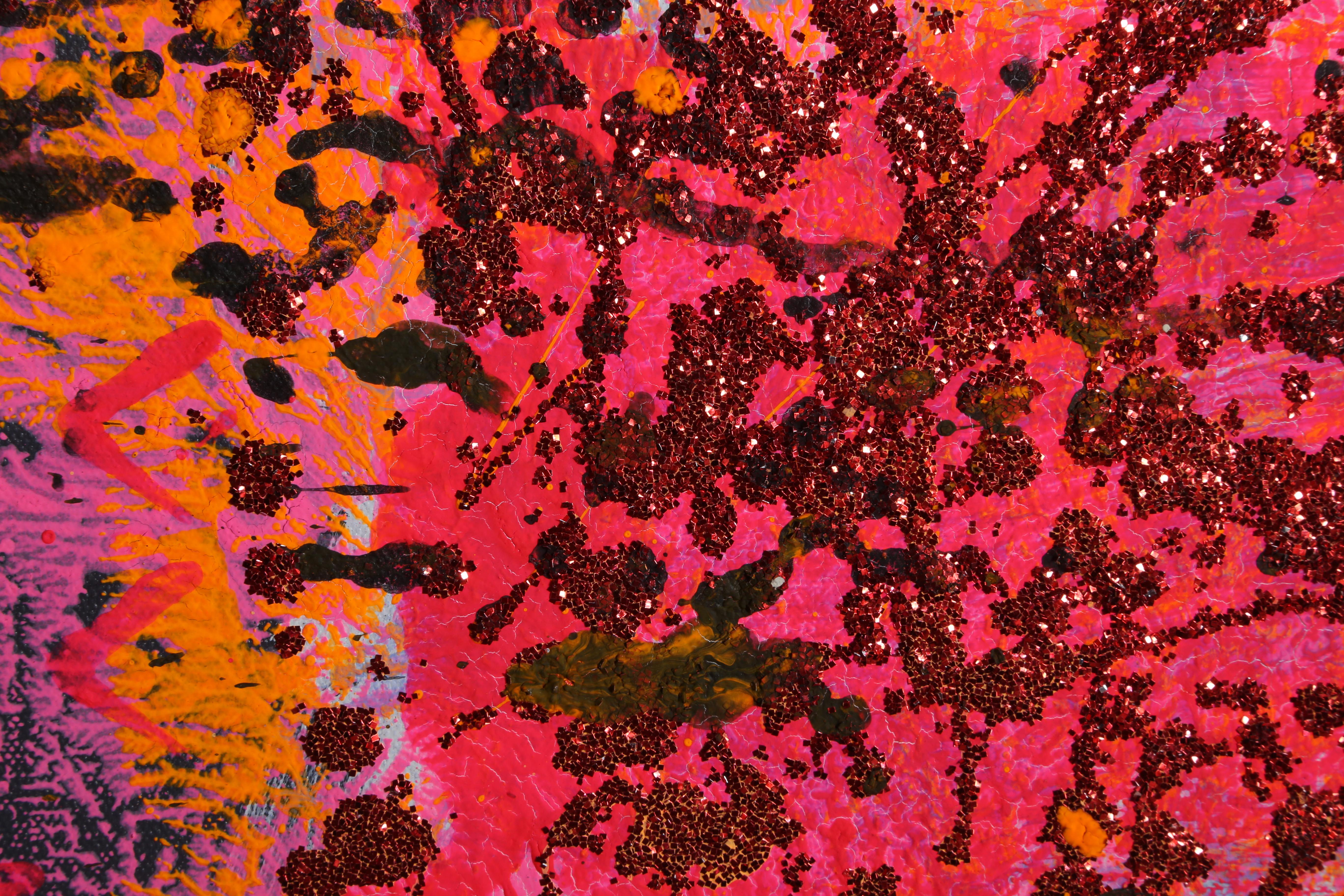 Cane (arancione su rosa e nero), Pittura acrilica con glitter di Peter Mayer in vendita 3
