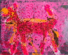 Chien (orange sur rose et noir), peinture acrylique avec paillettes par Peter Mayer