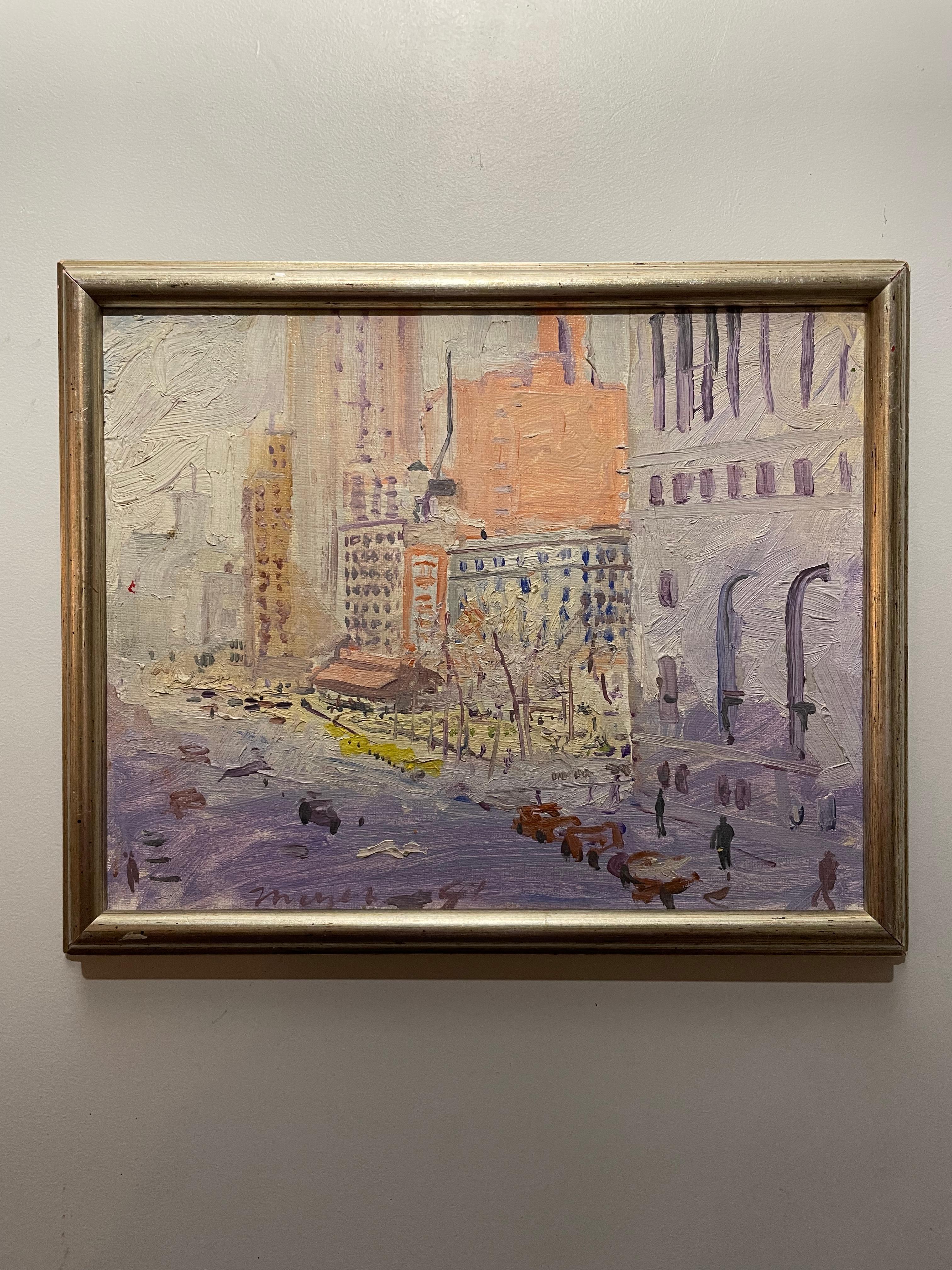 Impressionist Plein Aire painting New York City Street Scene Verdi Sqaure  - Painting by Peter Mayer