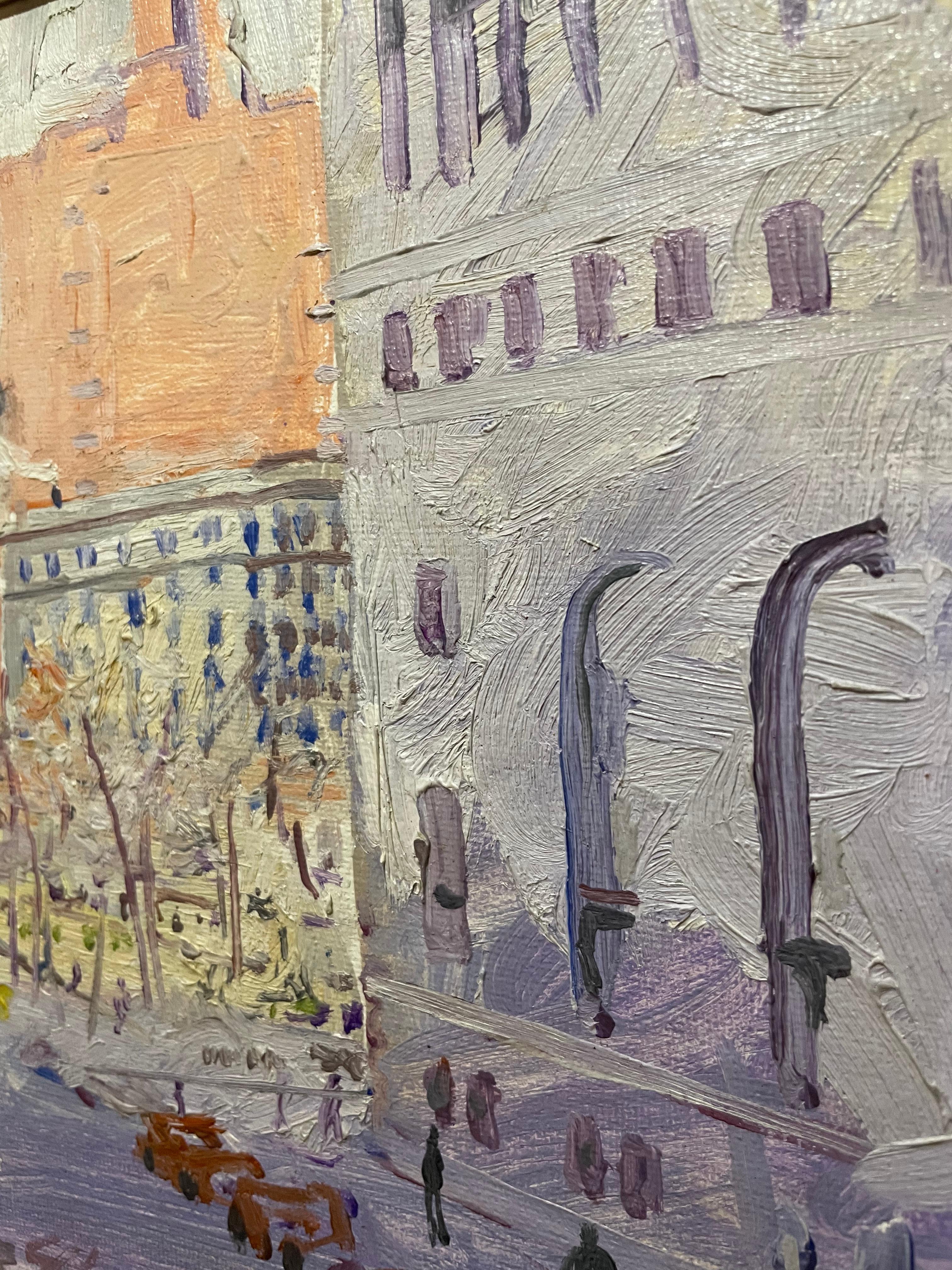 Quadro impressionista Plein Aire New York City Street Scene Verdi Sqaure - Painting Impressionismo americano di Peter Mayer