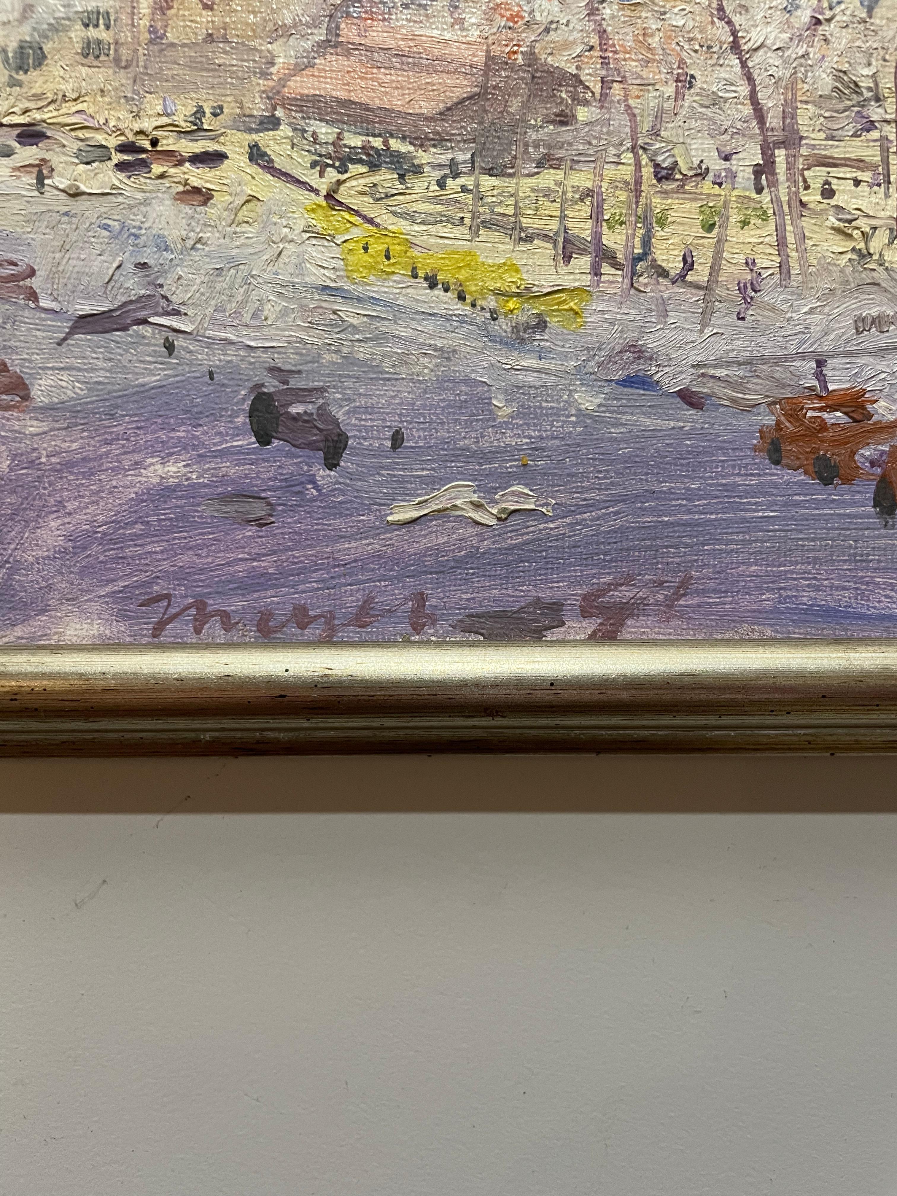 Quadro impressionista Plein Aire New York City Street Scene Verdi Sqaure - Landscape Painting Marrone di Peter Mayer
