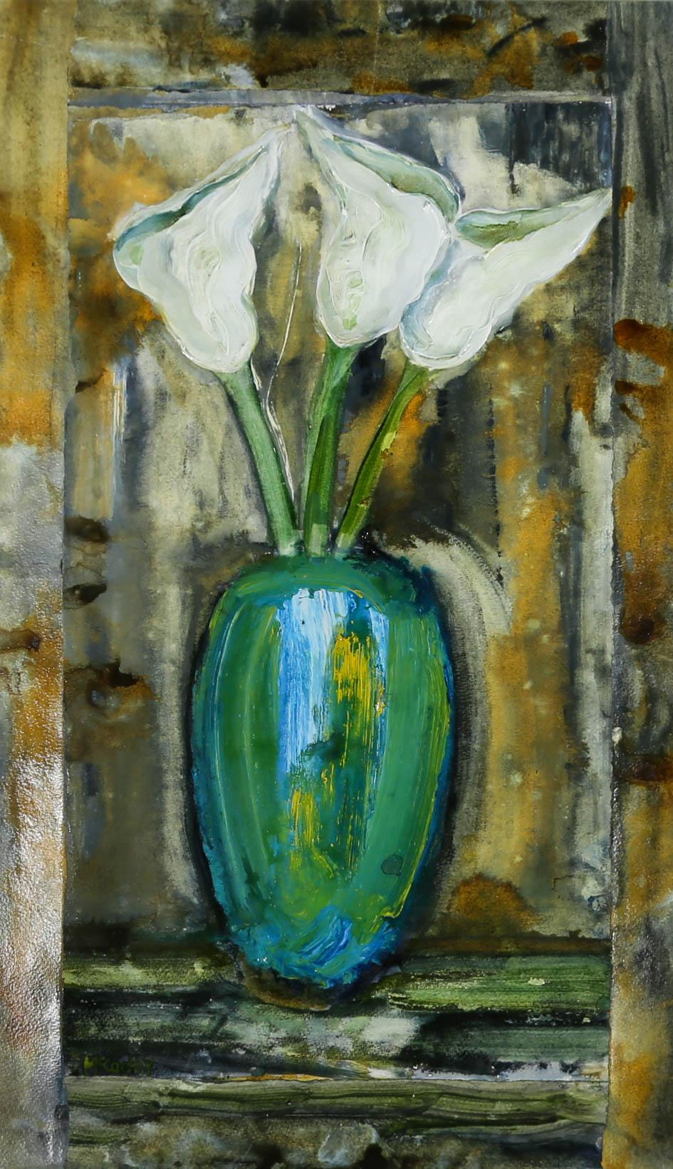 A wonderful still life composition by contemporary artist Peter McCarthy, depicting a bunch of Arum Lilies arranged in a blue and green lustre vase. An inner frame has been created from strips of teared paper, coated in gestural watercolour washes.