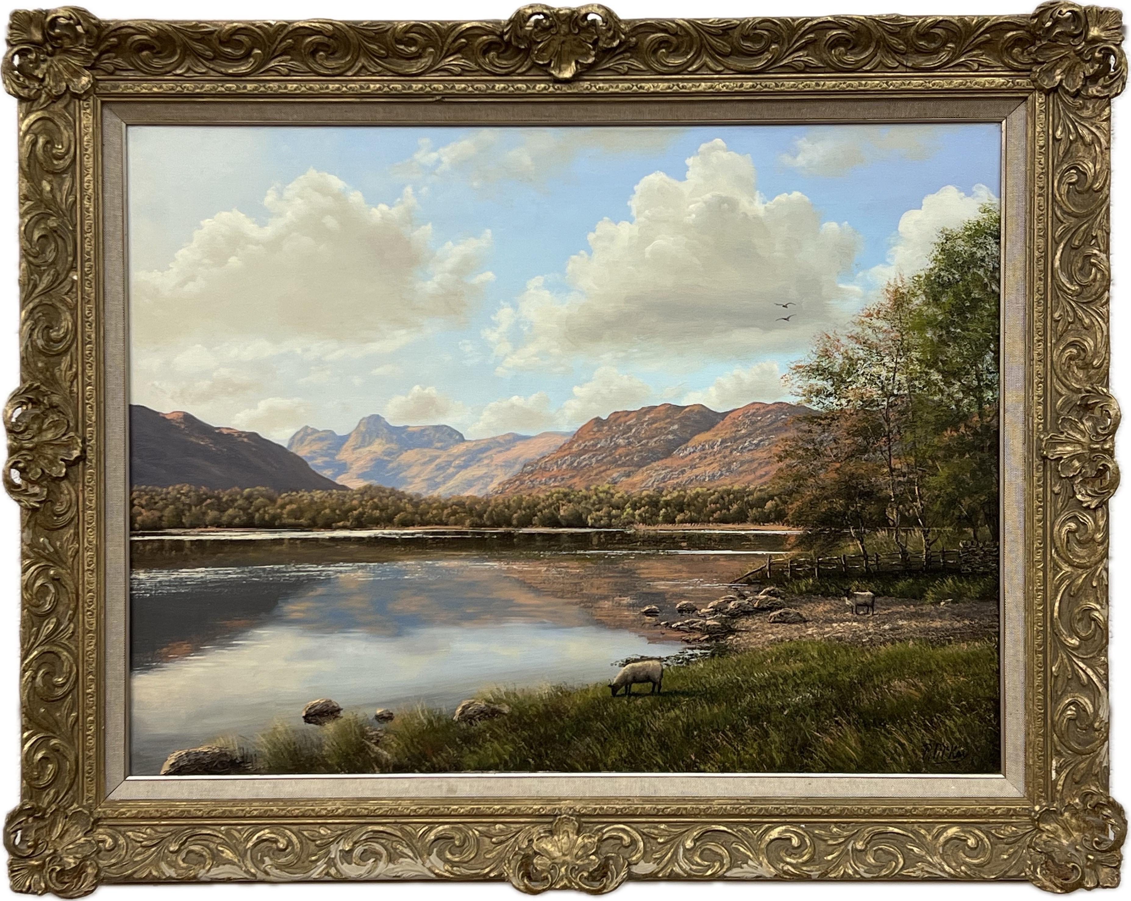 Peinture vintage de paysage de lac avec moutons par un artiste britannique du 20e siècle 