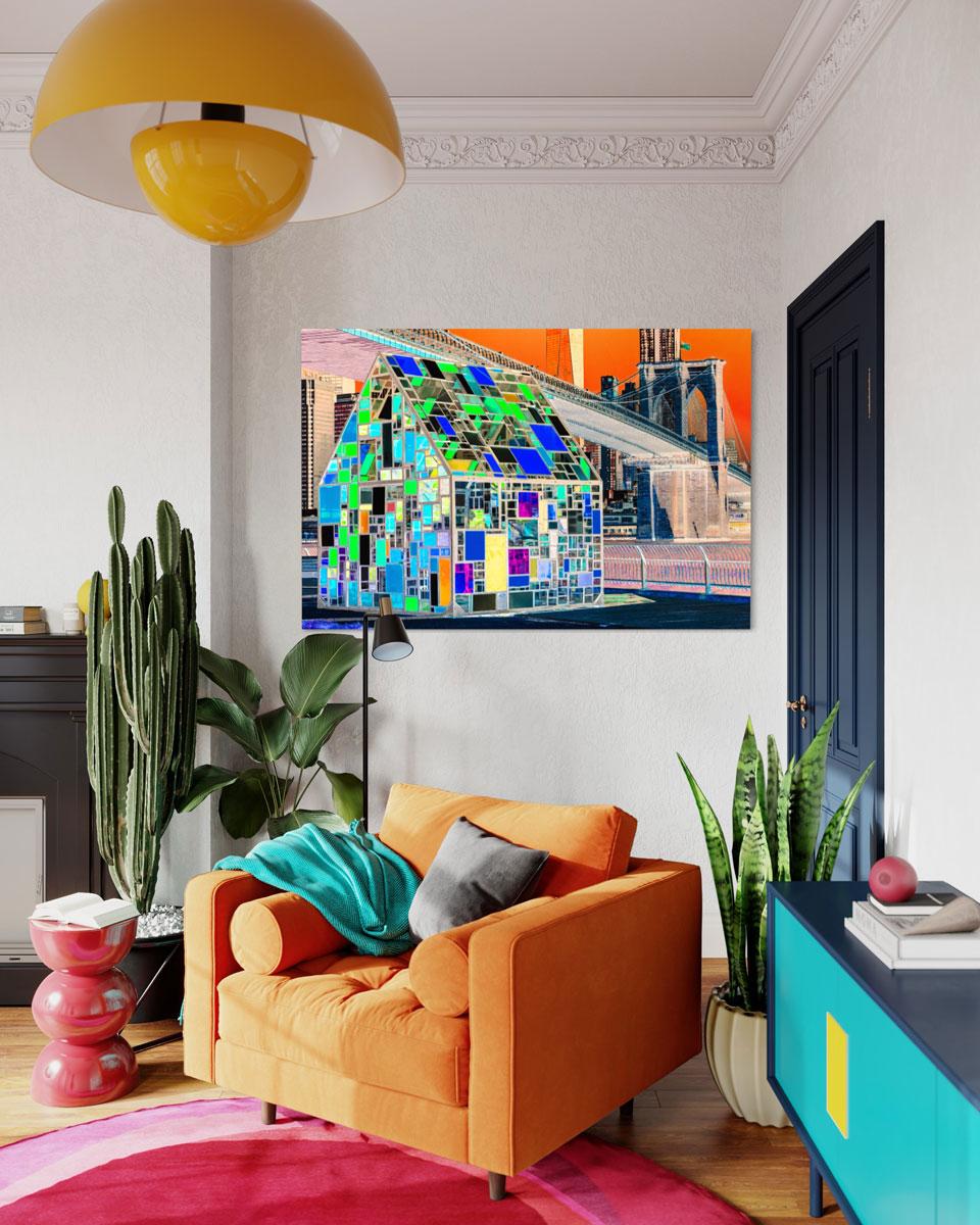 This contemporary photograph by Peter Mendelson is a metal sublimation print. It features a vibrant colorful palette with inverted tones and depicts a small structure composed of colorful planes situated in front of a bridge in New York City. 

This
