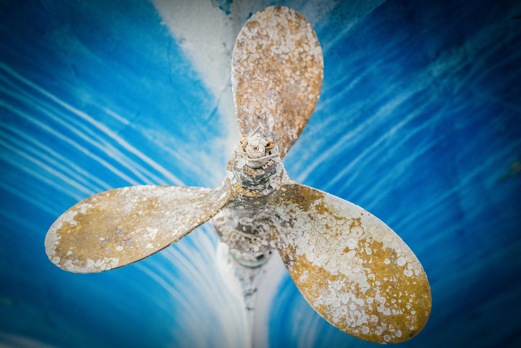 Peter Mendelson Color Photograph - "Corroded Propeller I (Blue), " Contemporary Nautical Photograph, 24" x 36"