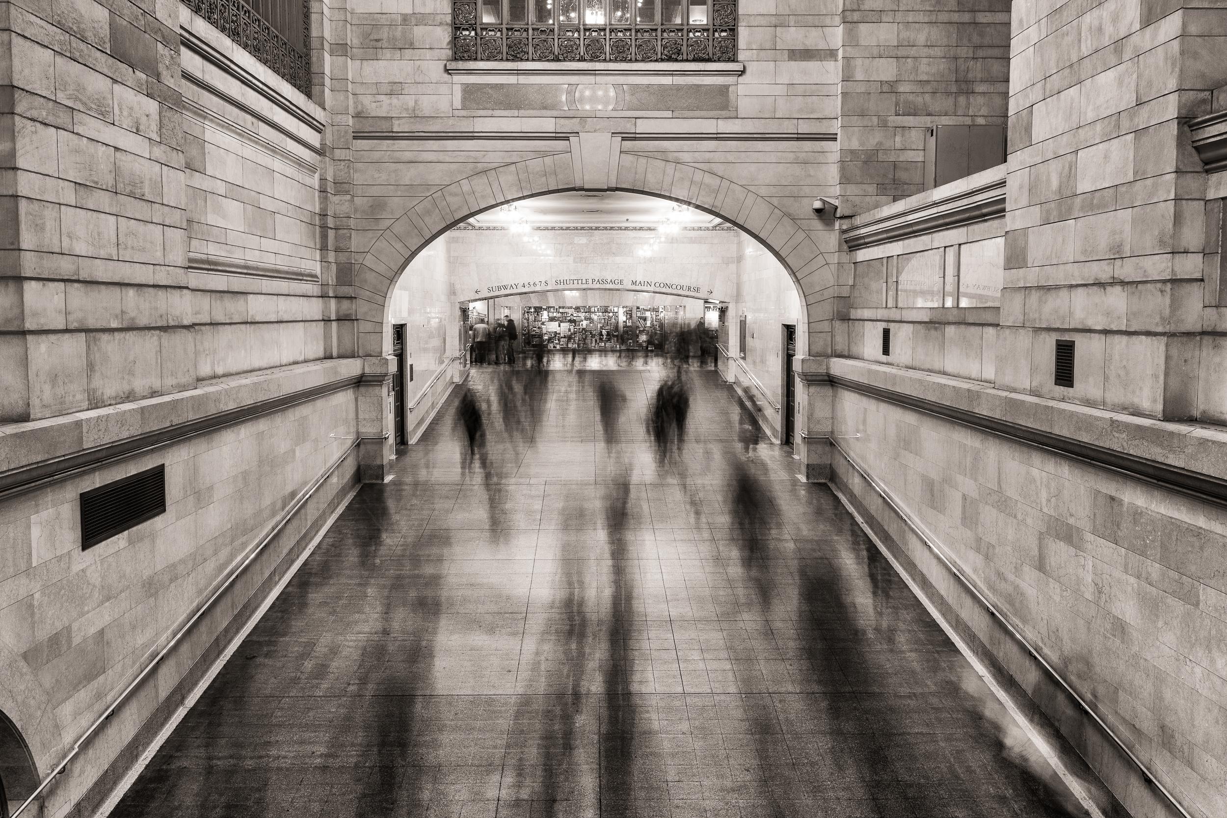 Peter Mendelson Black and White Photograph - "Grand Central Ghosts, " Urban Architectural Photograph, 24" x 36"