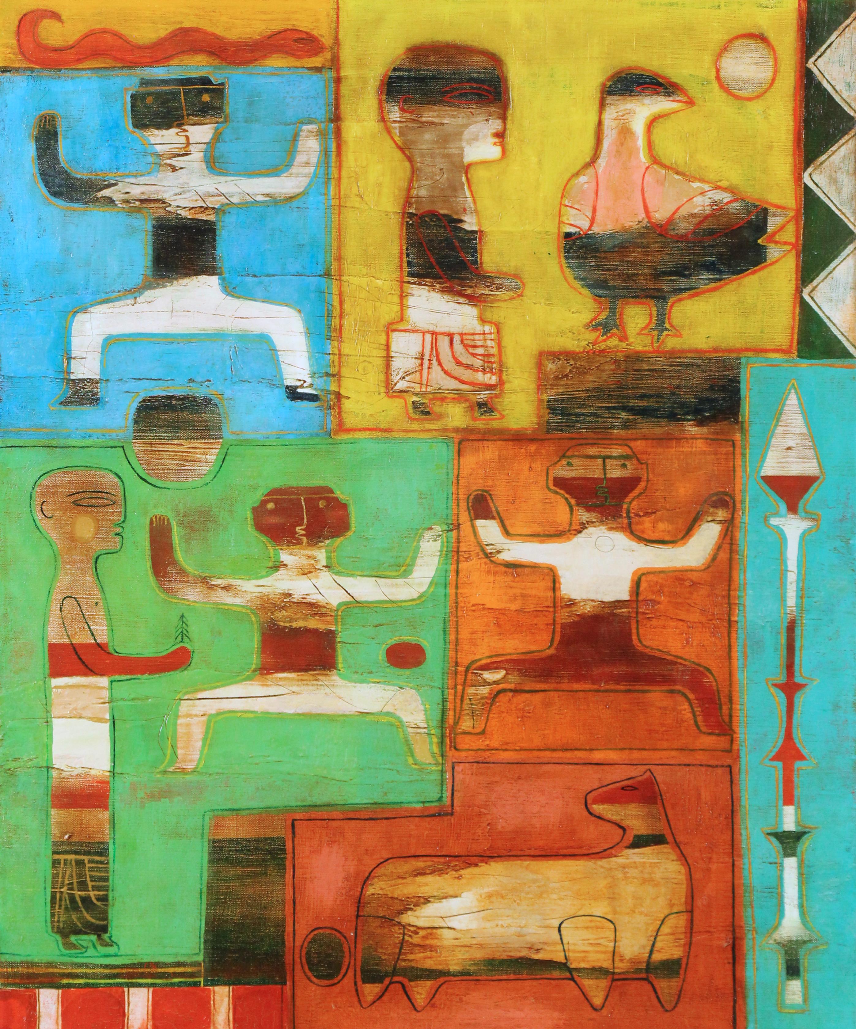 Peter Miller Figurative Painting - Banner, Native American Ceremonial Scene, Cultural Commentary, Modernist
