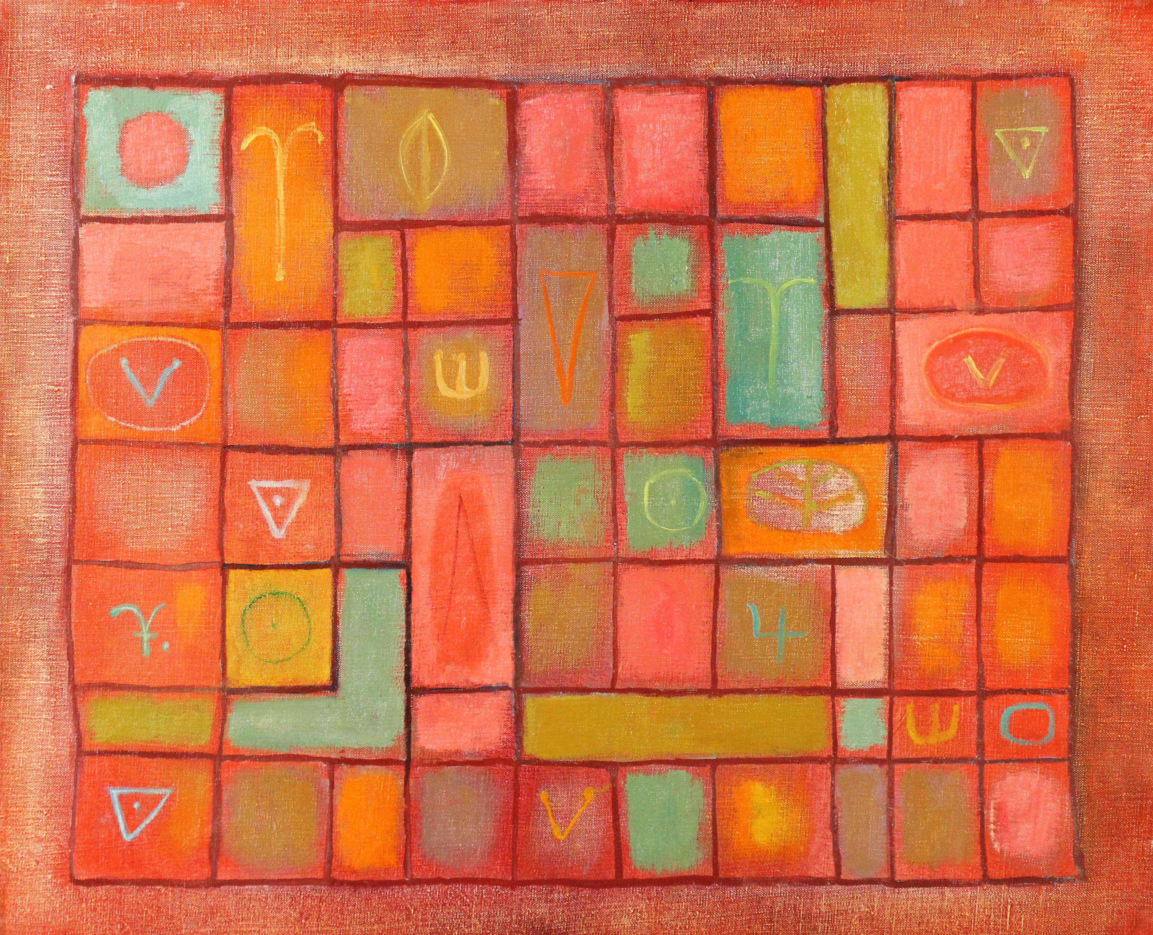 "Game Board" è un dipinto a olio su tela di 20 x 24 pollici dell'artista americana modernista e surrealista Peter Miller. L'opera è dipinta con una tavolozza di colori luminosi e di tonalità della terra. L'opera è firmata, intitolata e timbrata