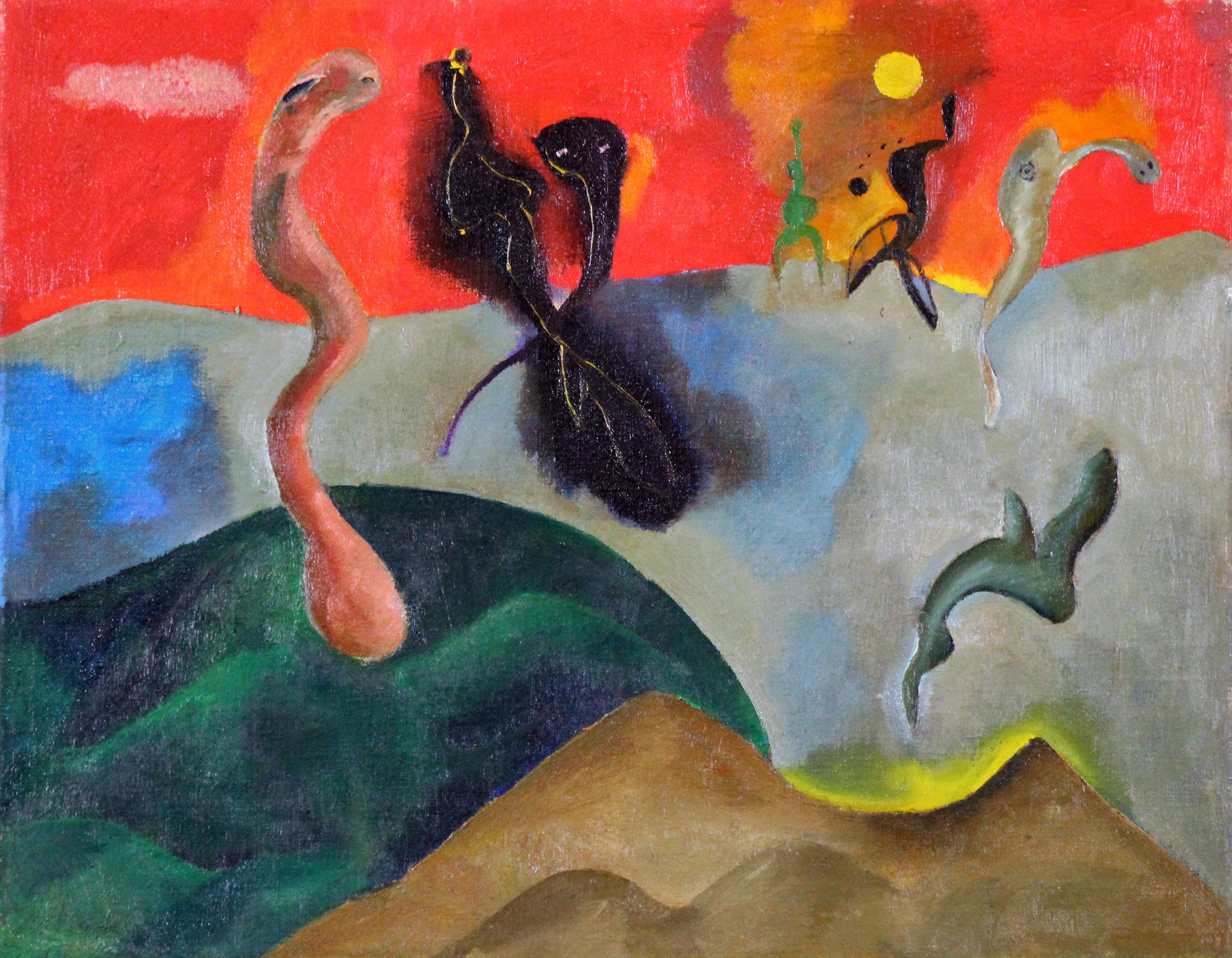 Peter Miller Landscape Painting - Midsummer Night, Spiritual and Surrealist Landscape by Female Modernist