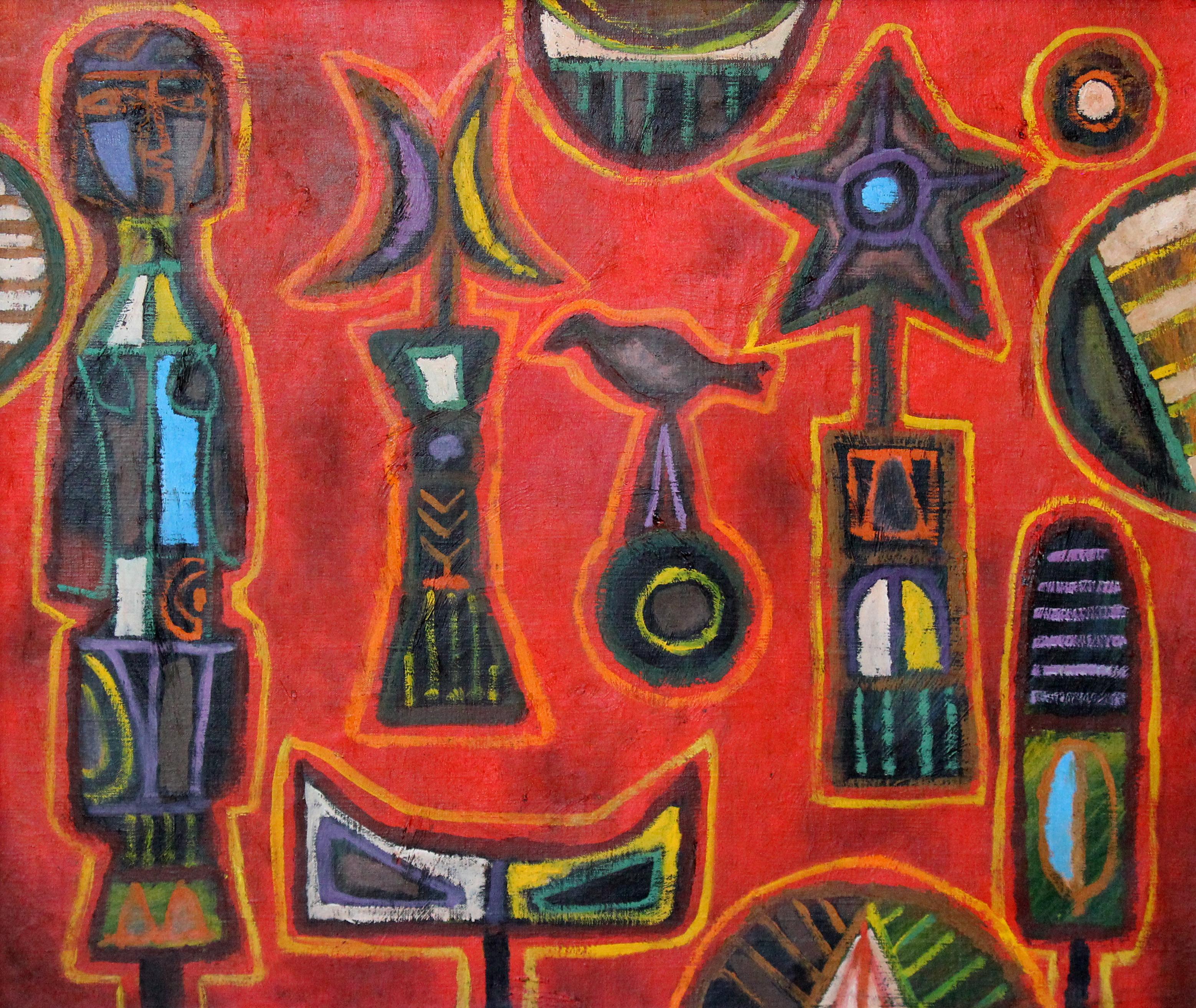 Orange Abstract, Native American Objects, Cultural Commentary by Female Artist