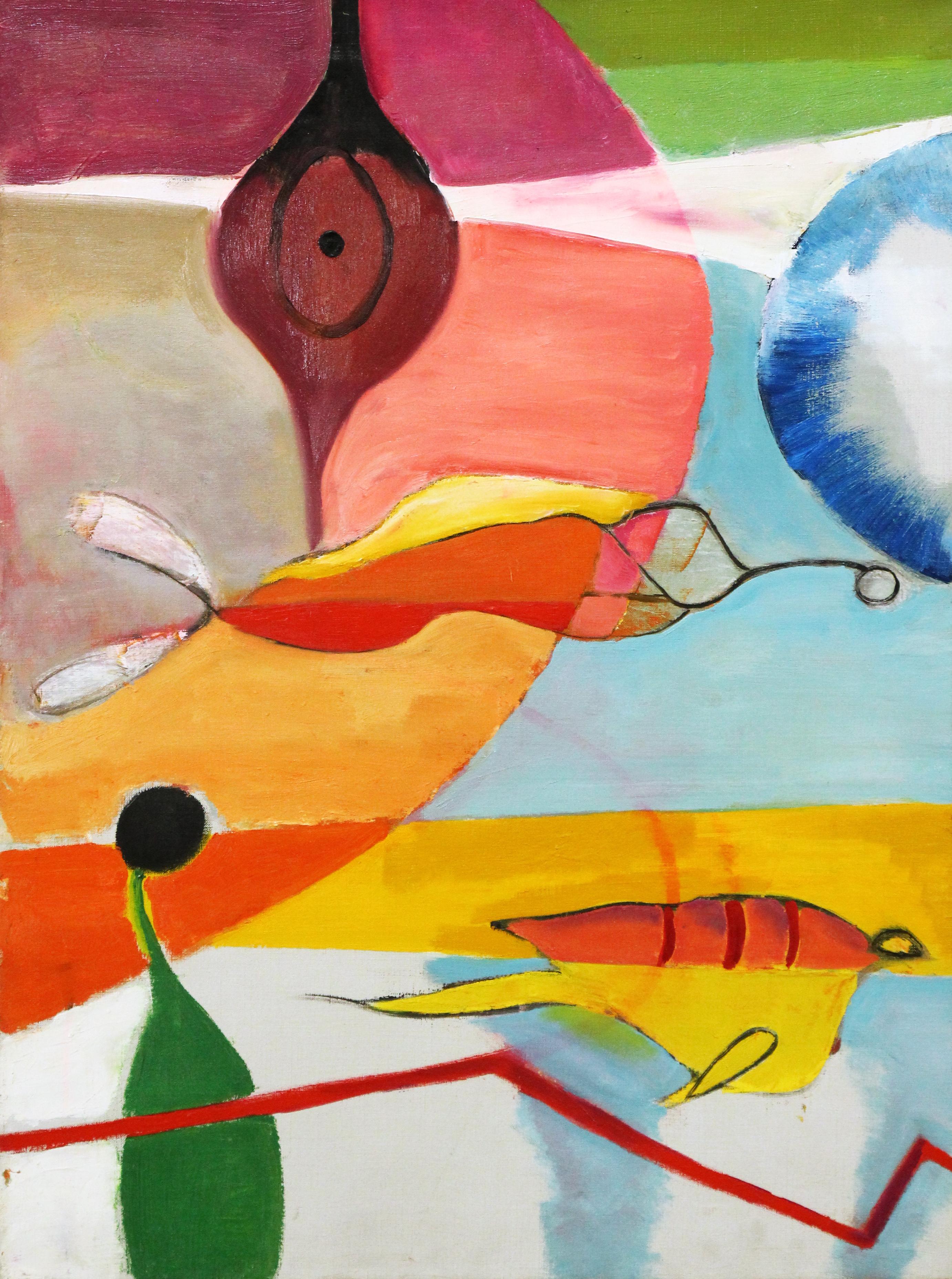 "Untitled Abstract" ist ein 30 x 22 Zoll, Öl auf Leinwand Gemälde von amerikanischen modernistischen und surrealistischen, weiblichen Künstler Peter Miller. Das Werk ist in einer leuchtenden Farbpalette gemalt und rückseitig mit dem Nachlassstempel