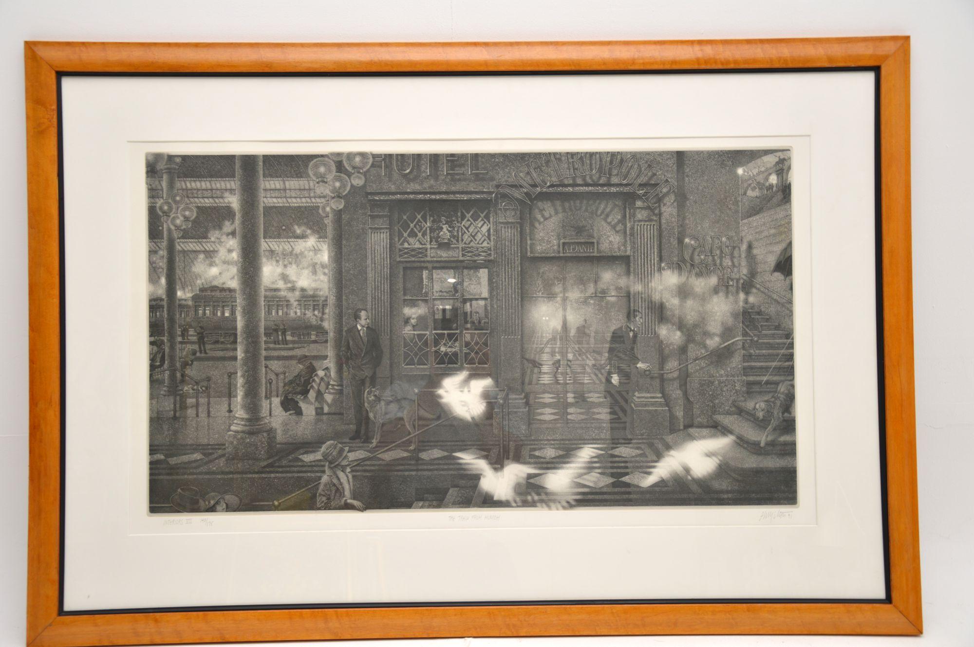 A fantastic etching by Peter Milton – Interiors VII: The Train from Munich.

This is in superb condition and is beautifully framed. Signed, dated and titled by the artist, numbered 142 / 175. It is dated 1991.

There is just some minor surface wear