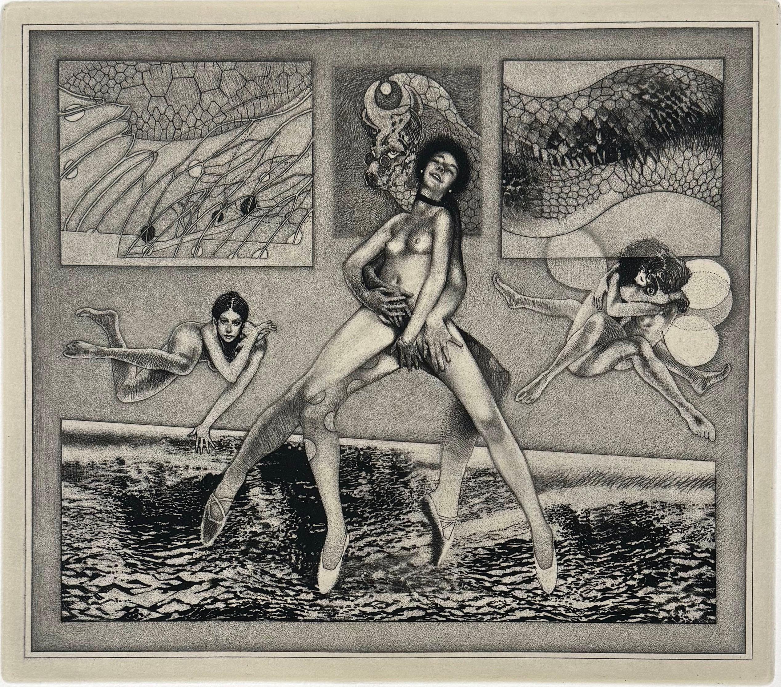 Resistgrundätzung und -gravur von einer Kupferplatte auf BFK Rives, Somerset Buff, Velinpapier
Medium: Resistgrund-Radierung & -Gravur    
Auflage von 125 Stück        
Jahr: 1982

Eines aus einer Gruppe von eher sinnlichen oder erotischen Bildern,