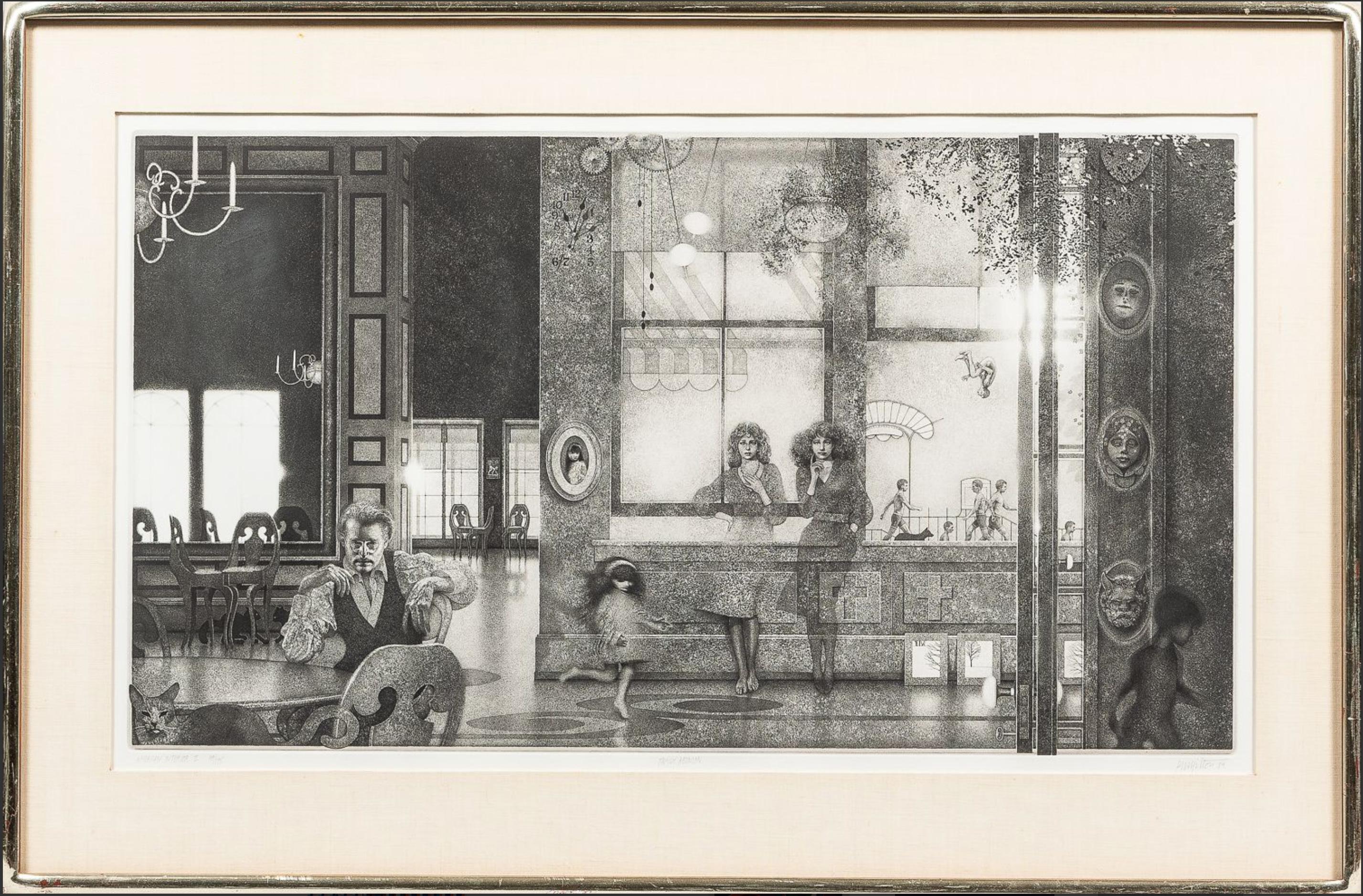 Innenräume I: Familientreffen - Eine eindringliche Szene mit einer versteckten Hommage an Eadwea (Grau), Figurative Print, von Peter Milton