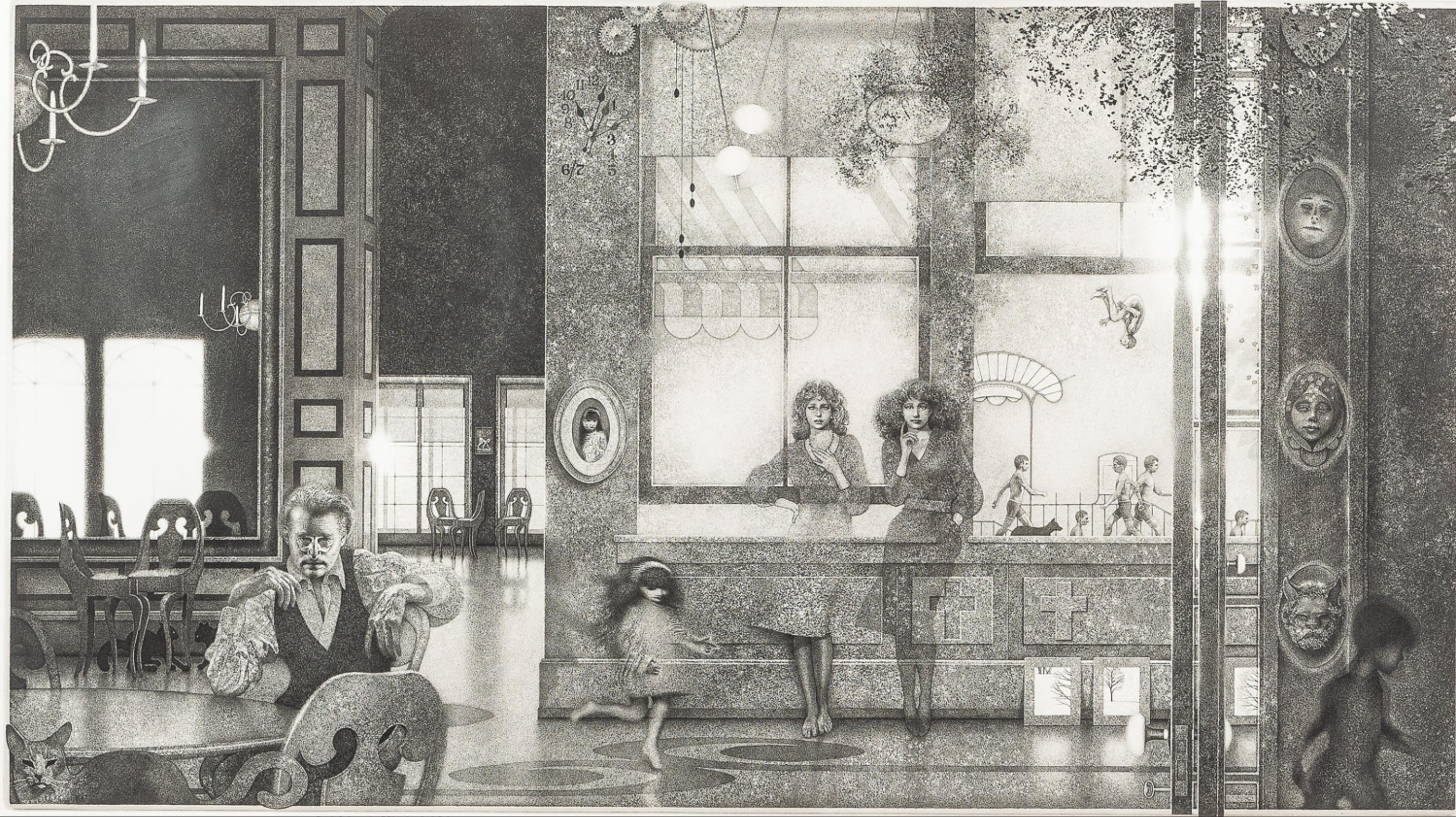 Peter Milton Figurative Print – Innenräume I: Familientreffen - Eine eindringliche Szene mit einer versteckten Hommage an Eadwea