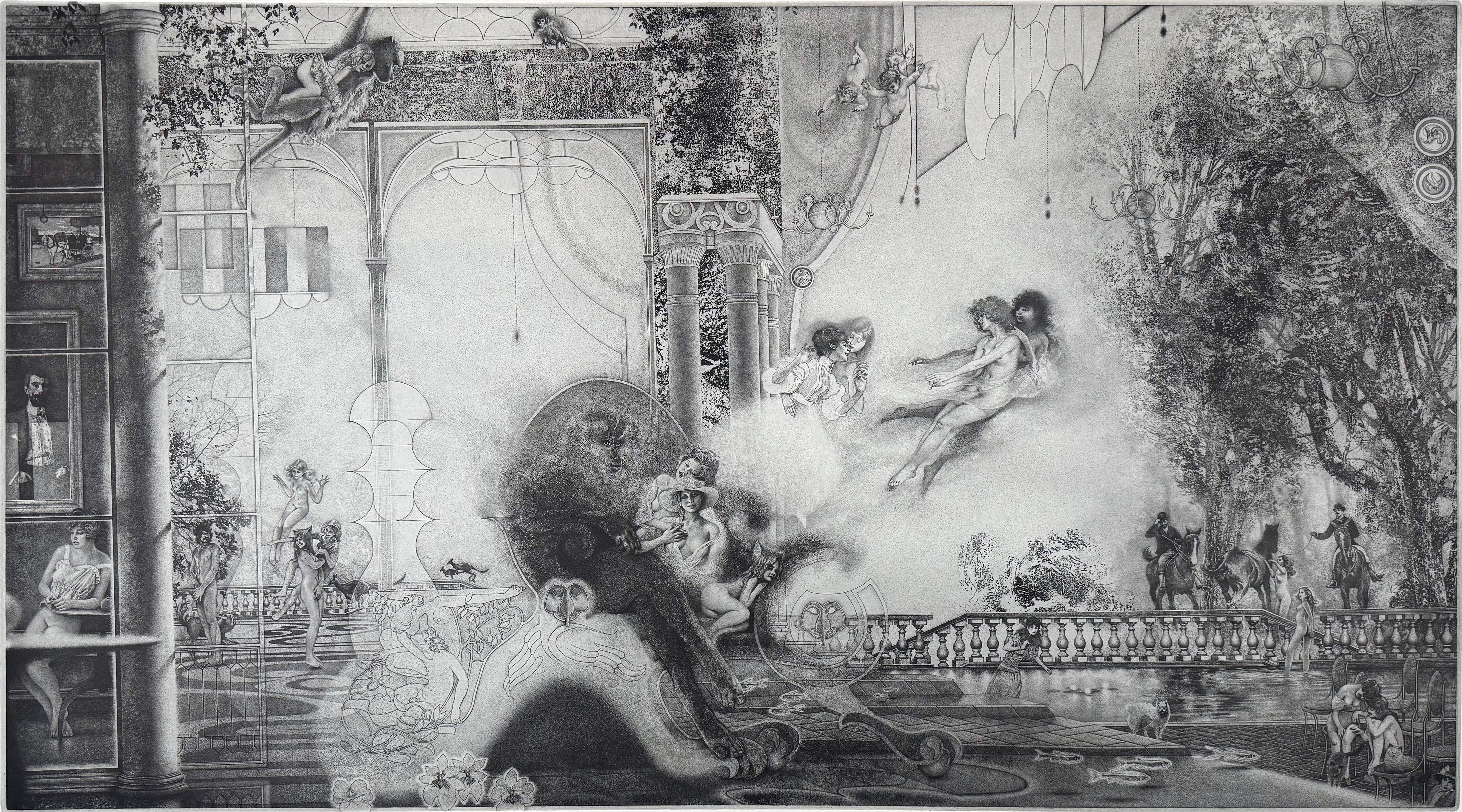 Peter Milton’s Les Belles et la Bête: Before the Hunt shows his ability to weave together fantasy, art history, and the subconscious into a single intricate vision. The print stages a surreal mise-en-scène that recalls both rococo opulence and