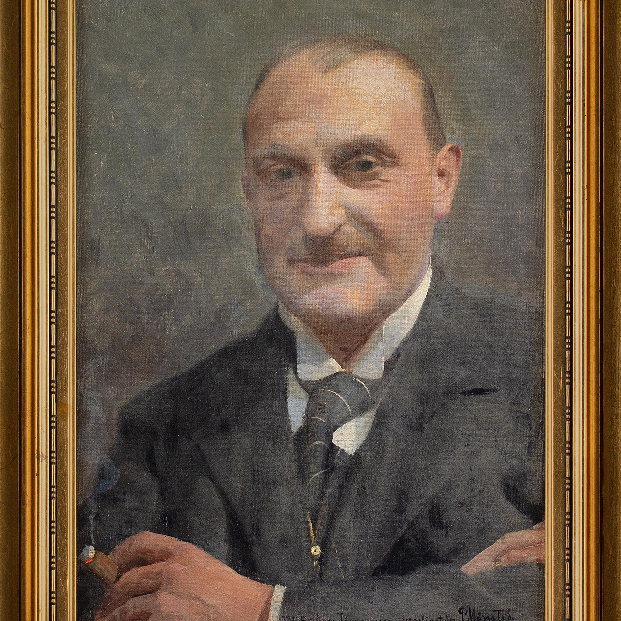 This early 20th-century portrait by eminent Danish artist Peter (Peder Mork) Mønsted (1859-1941) depicts local dignitary Aage Jørgensen (1879-1960). It’s an informal portrayal that suggests an established friendship.

Jørgensen was a