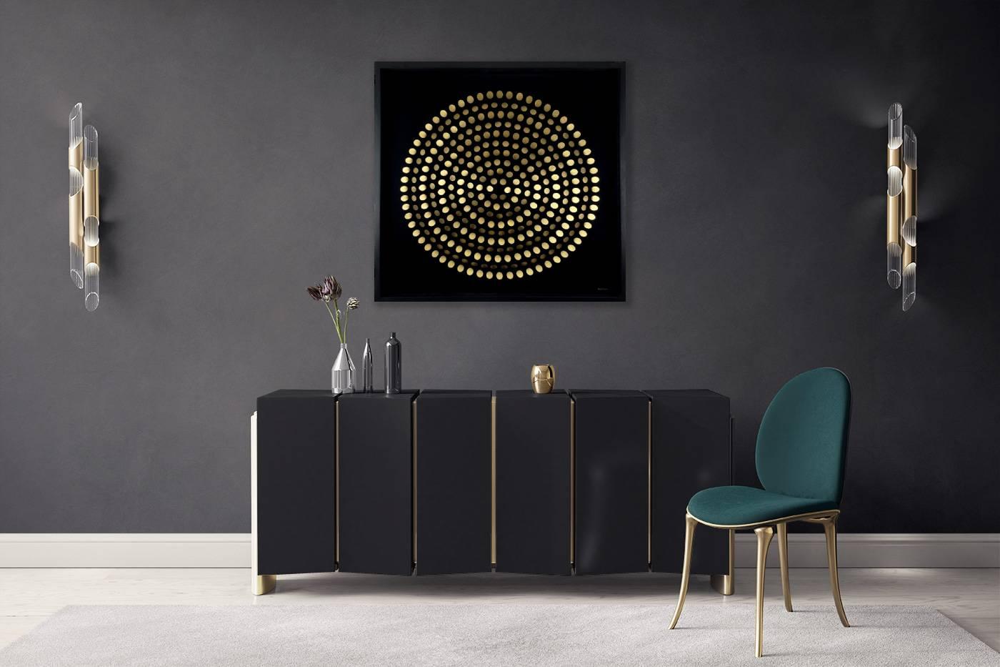 Golden Rotations
Mixed Media
39 3/8 x 39 3/8 in
100 x 100 cm

This artwork by Peter Monaghan is an example of his rich talent in creating dynamic multimedia artworks which speak to his rich history in graphic design. The Golden Rotations is a