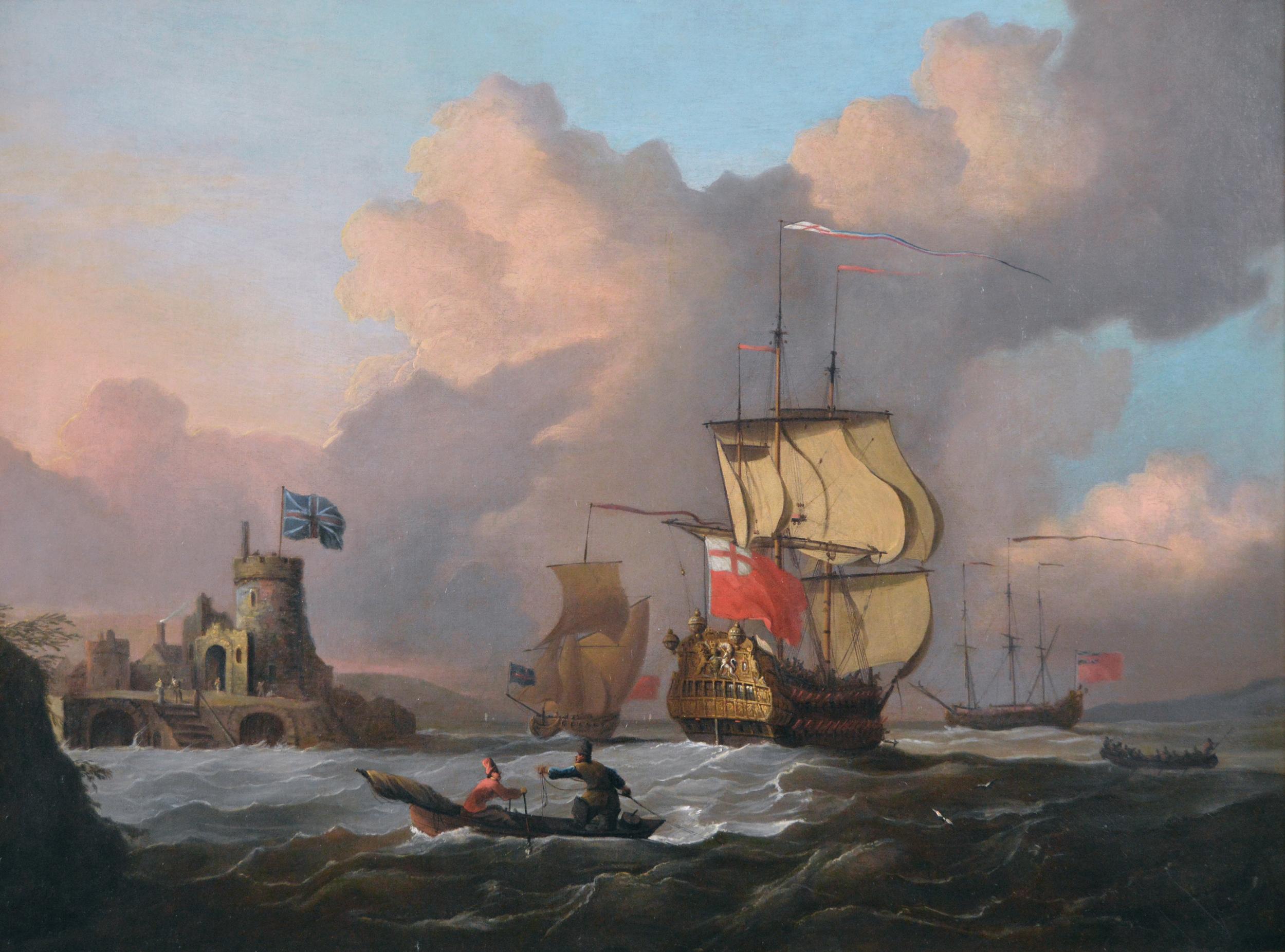 18th Century seascape oil painting of English naval ships & boats off a coast - Painting by Peter Monamy