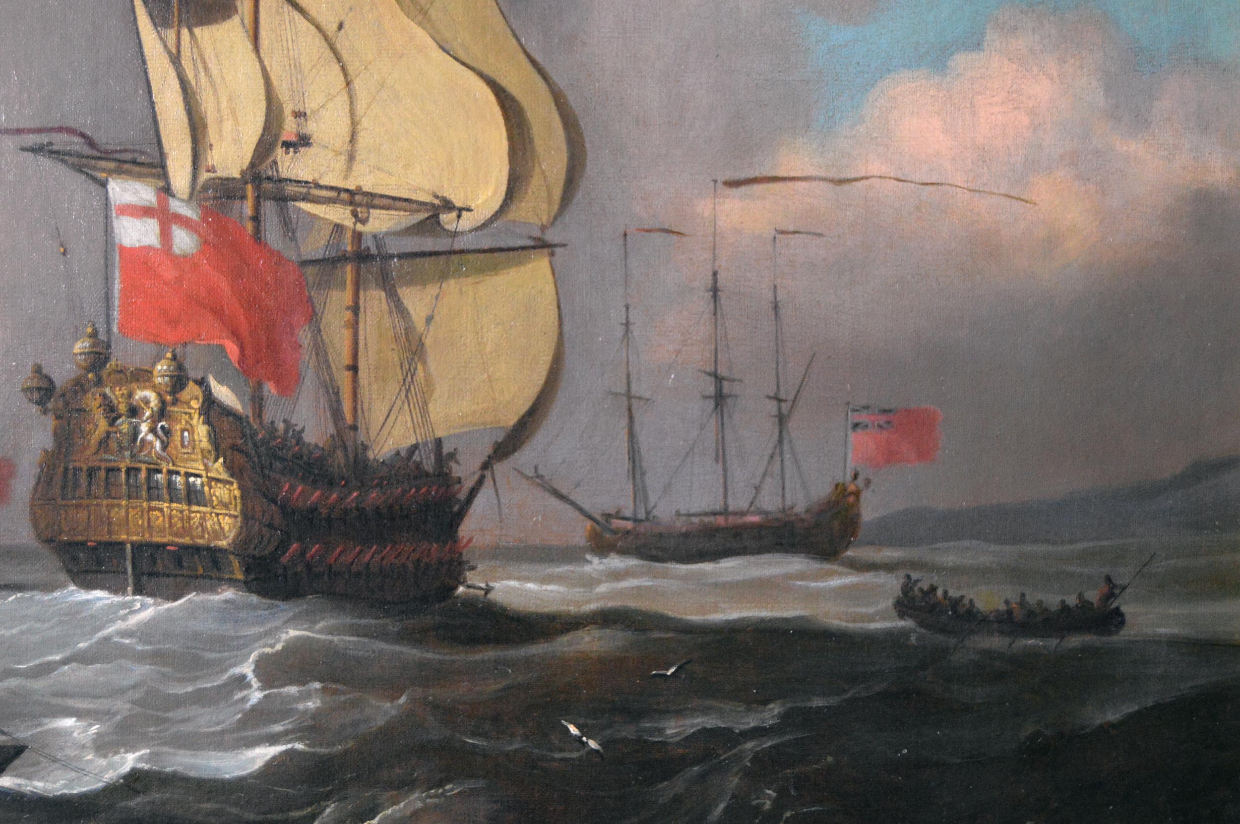 18th Century seascape oil painting of English naval ships & boats off a coast - Old Masters Painting by Peter Monamy