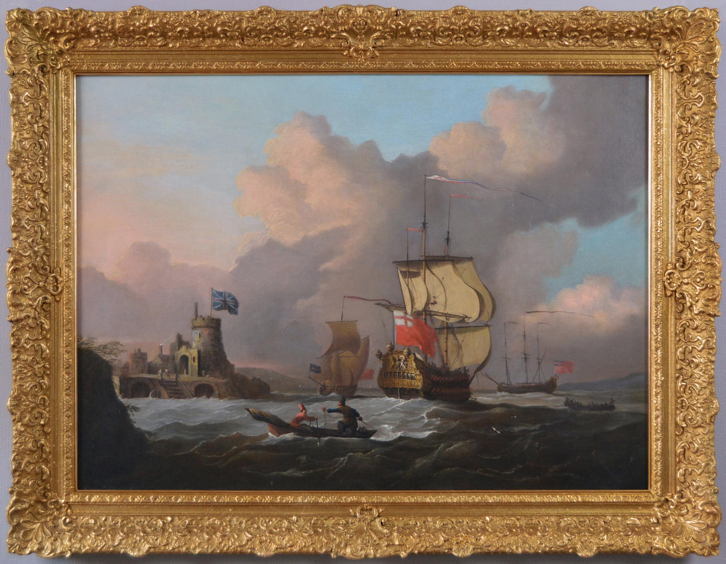 Peter Monamy Landscape Painting - 18th Century seascape oil painting of English naval ships & boats off a coast