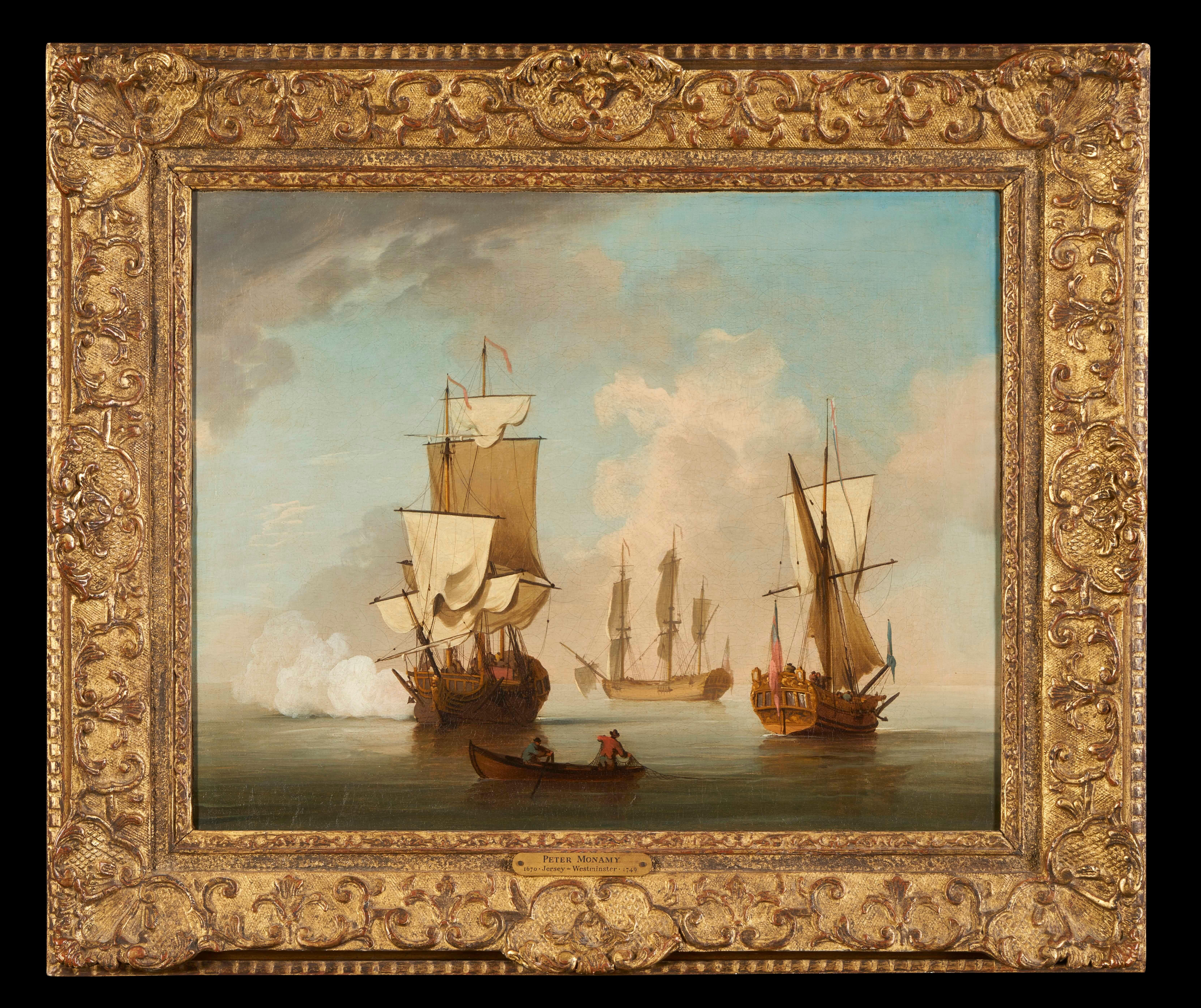 Peter Monamy Landscape Painting – Eine Ruhe mit einem Kriegsmann, der einen Saluteo abfeuert